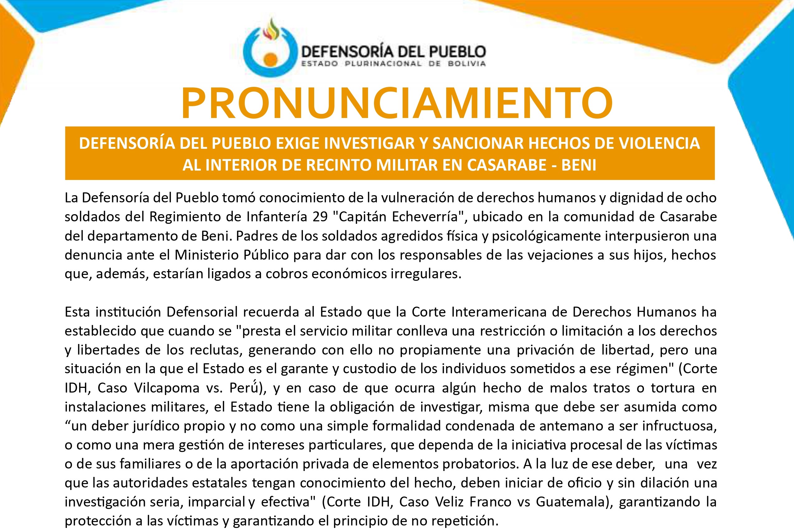 Defensoría del Pueblo exige investigar y sancionar hechos de violencia al interior de recinto militar en Casarabe - Beni