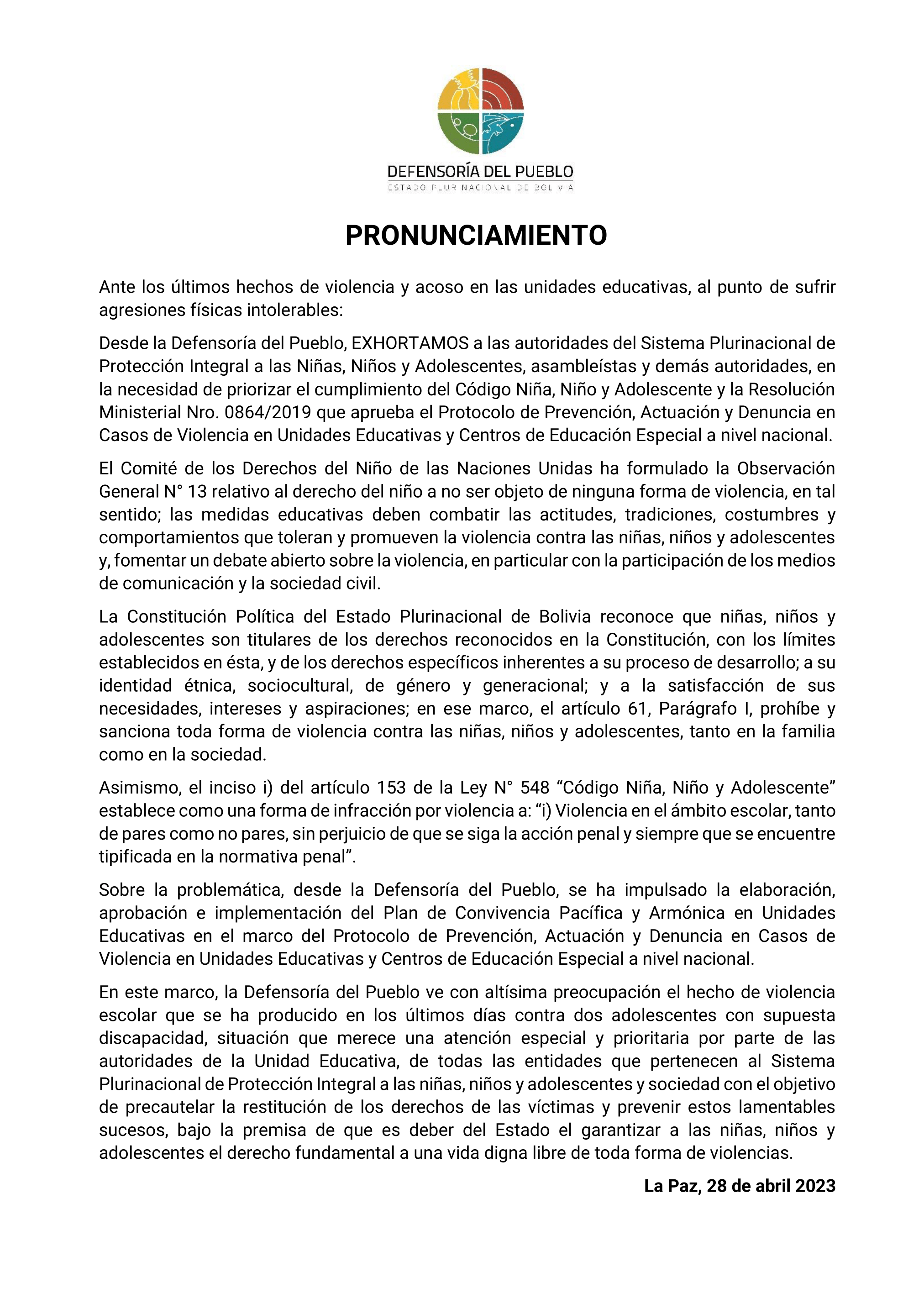 Pronunciamiento ante los últimos hechos de violencia y acoso en las unidades educativas