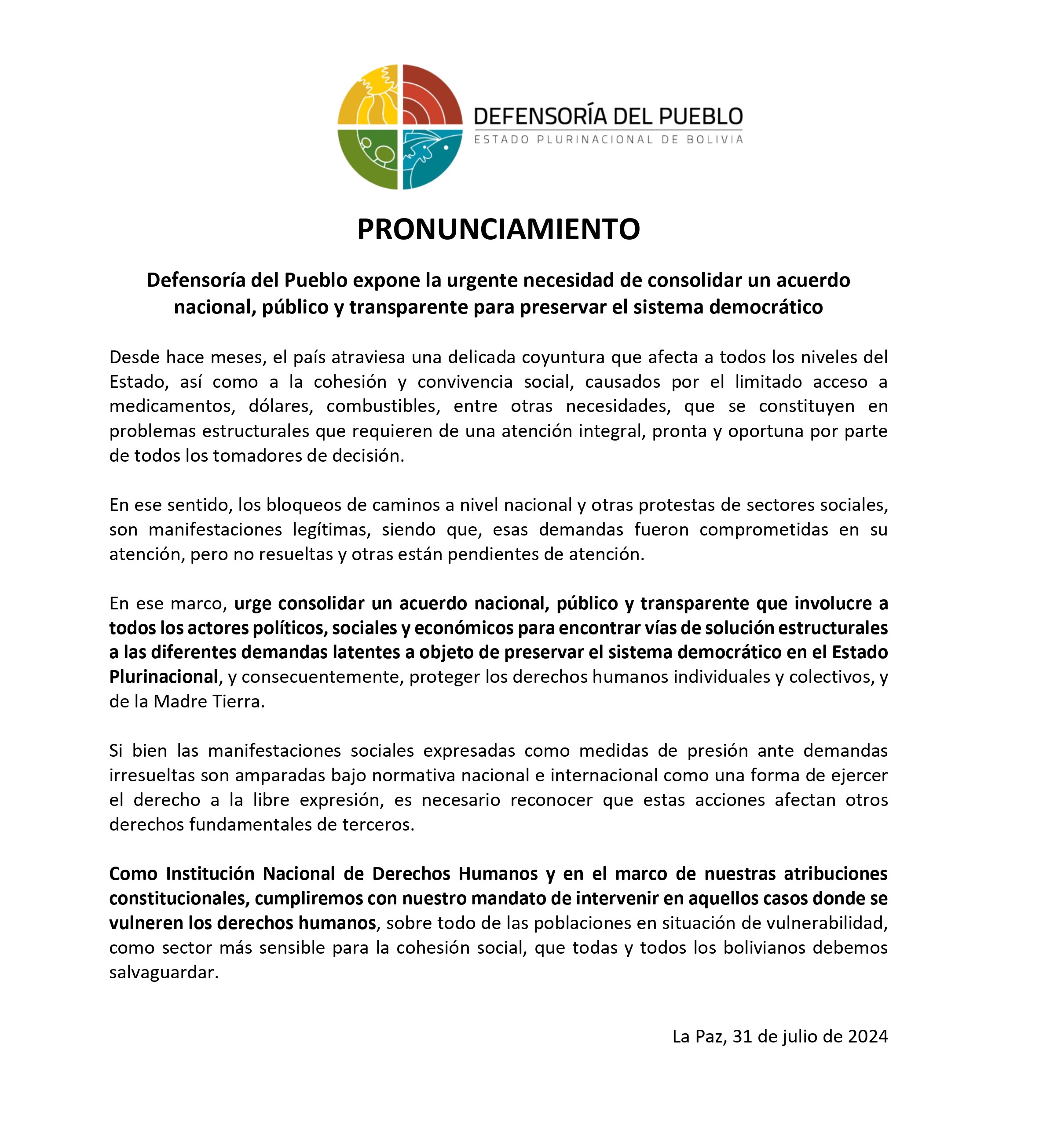 Defensoría del Pueblo expone la urgente necesidad de consolidar un acuerdo nacional, público y transparente para preservar el sistema democrático