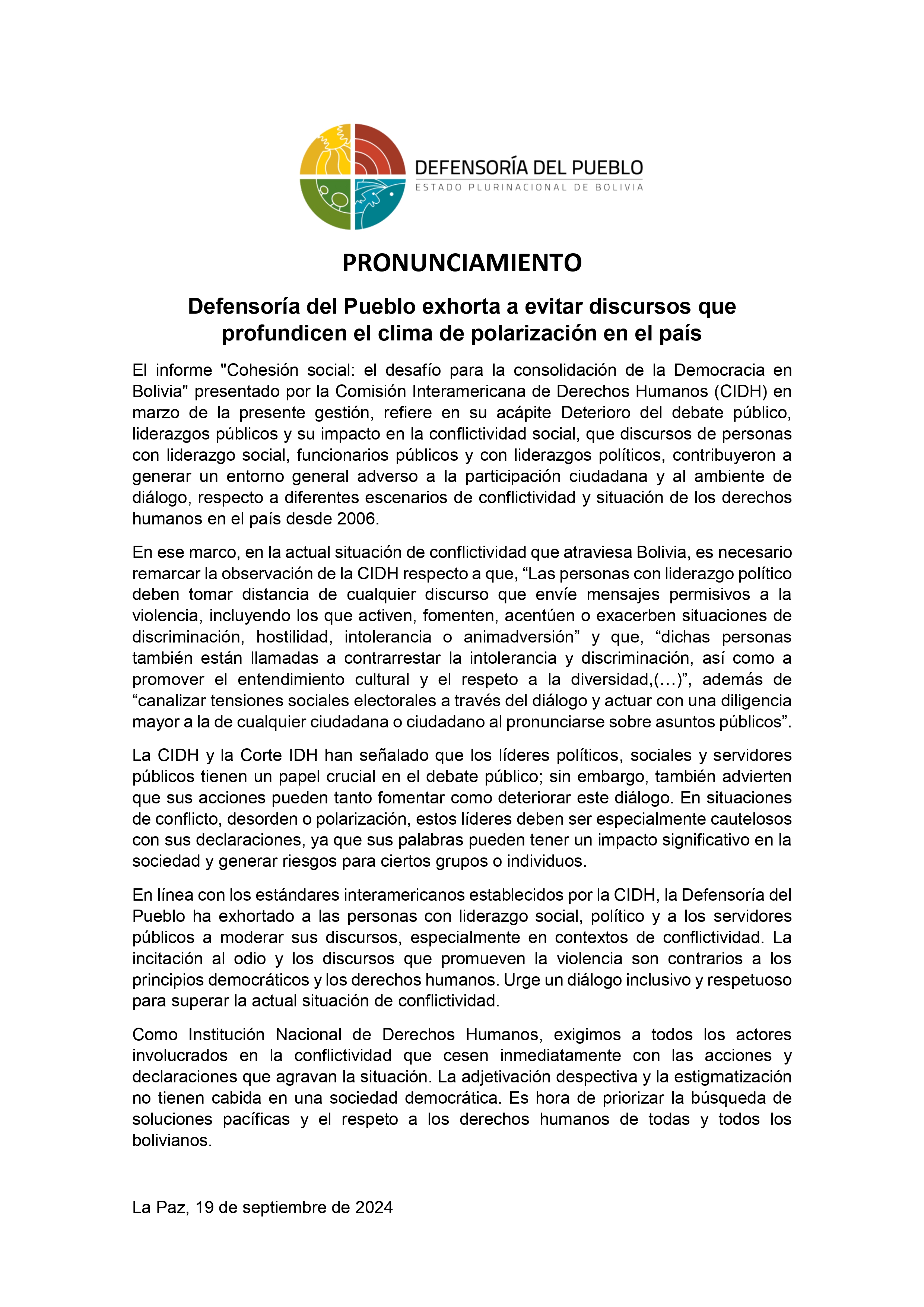 Defensoría del Pueblo exhorta a evitar discursos que profundicen el clima de polarización en el país