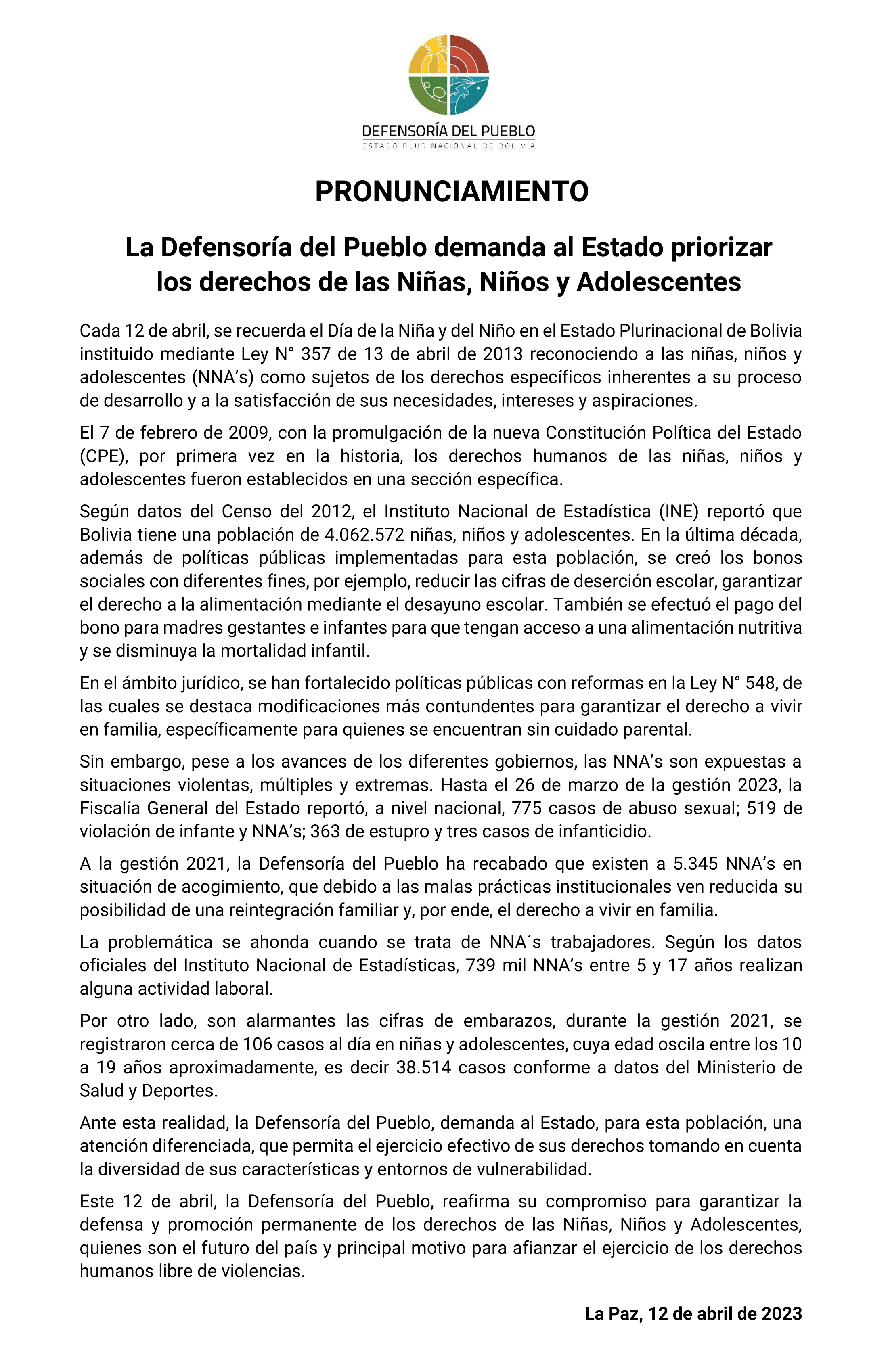 La Defensoría del Pueblo demanda al Estado priorizar los derechos de las Niñas, Niños y Adolescentes