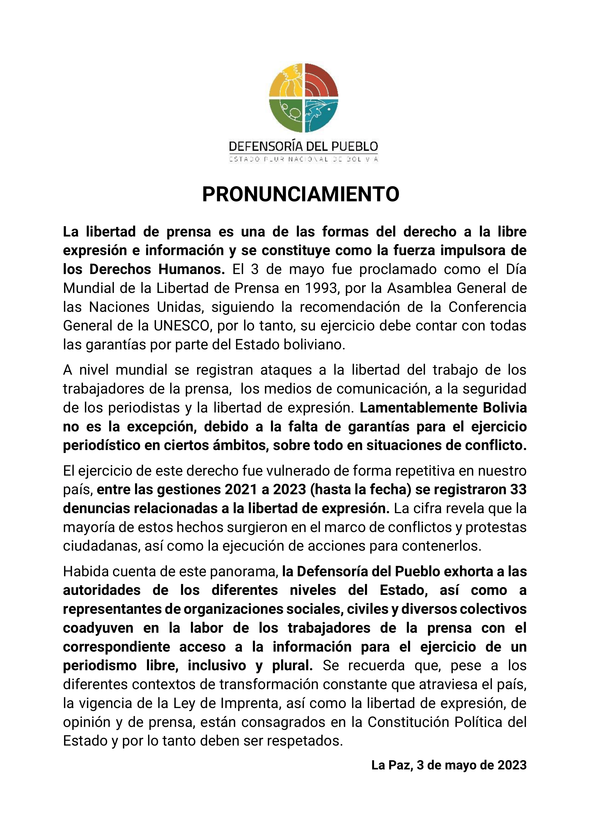 Pronunciamiento de la Defensoría del Pueblo en el Día Mundial de la Libertad de Prensa