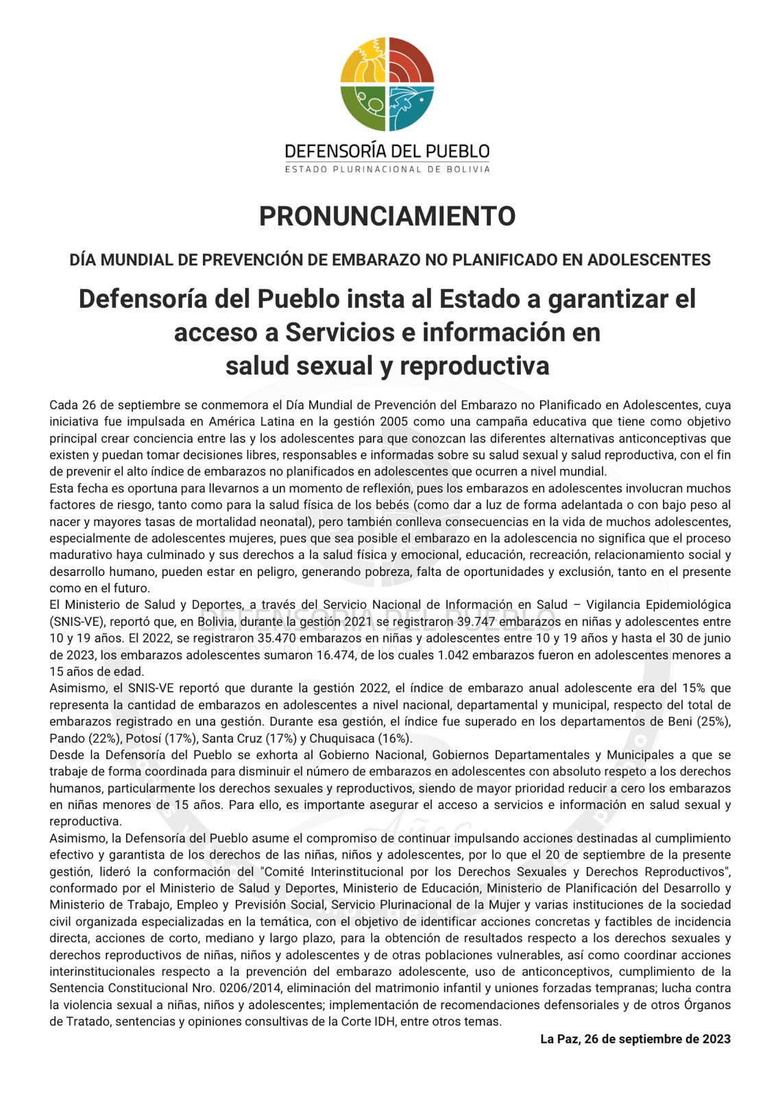 Defensoría del Pueblo insta al Estado a garantizar el acceso a Servicios e información en salud sexual y reproductiva