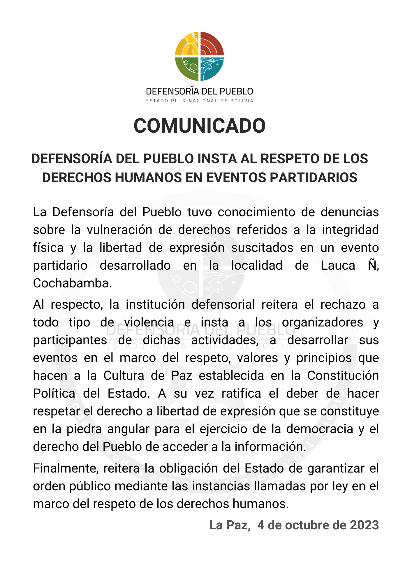 DEFENSORÍA DEL PUEBLO INSTA AL RESPETO DE LOS DERECHOS HUMANOS EN EVENTOS PARTIDARIOS