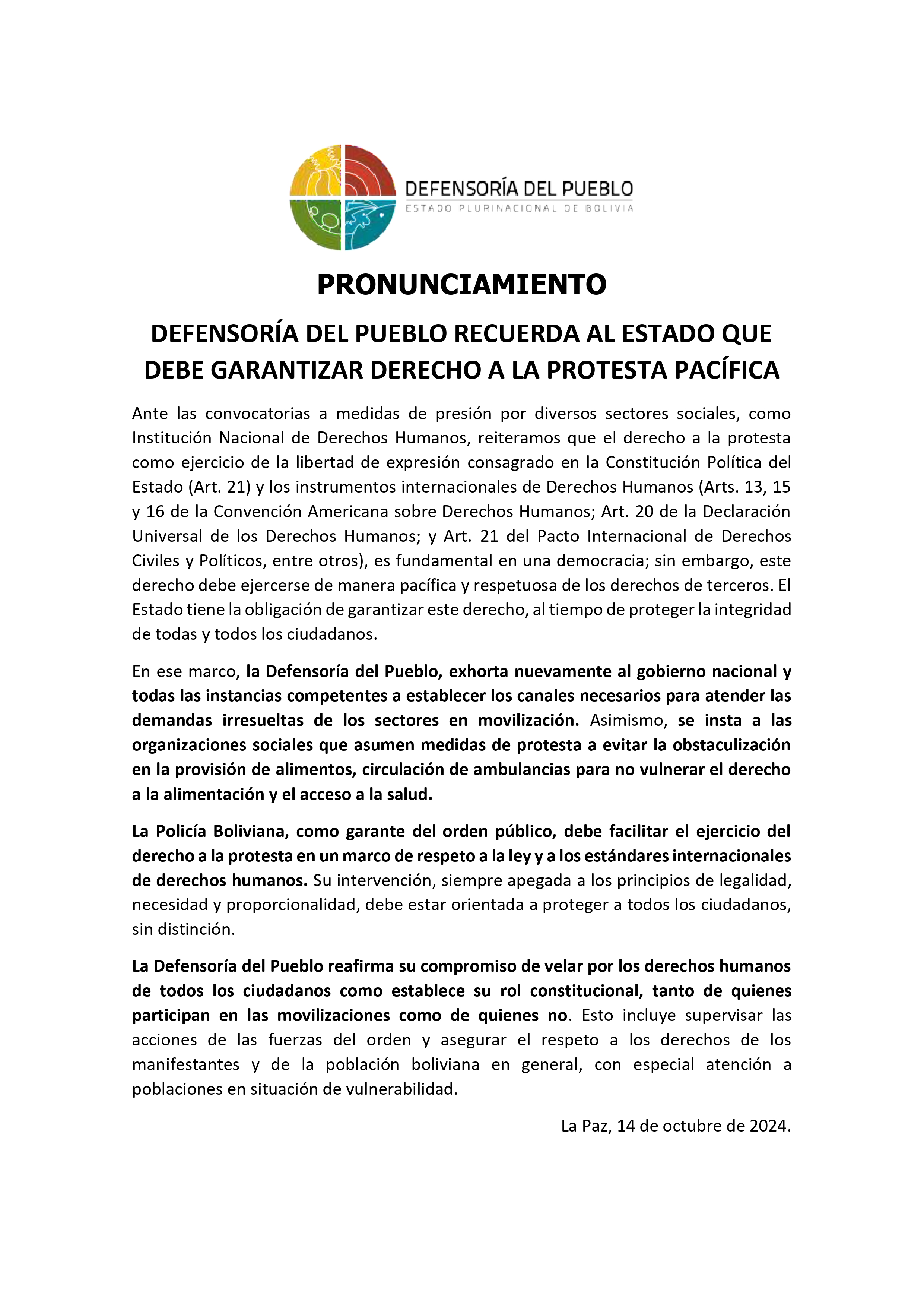 DEFENSORÍA DEL PUEBLO RECUERDA AL ESTADO QUE DEBE GARANTIZAR DERECHO A LA PROTESTA PACÍFICA