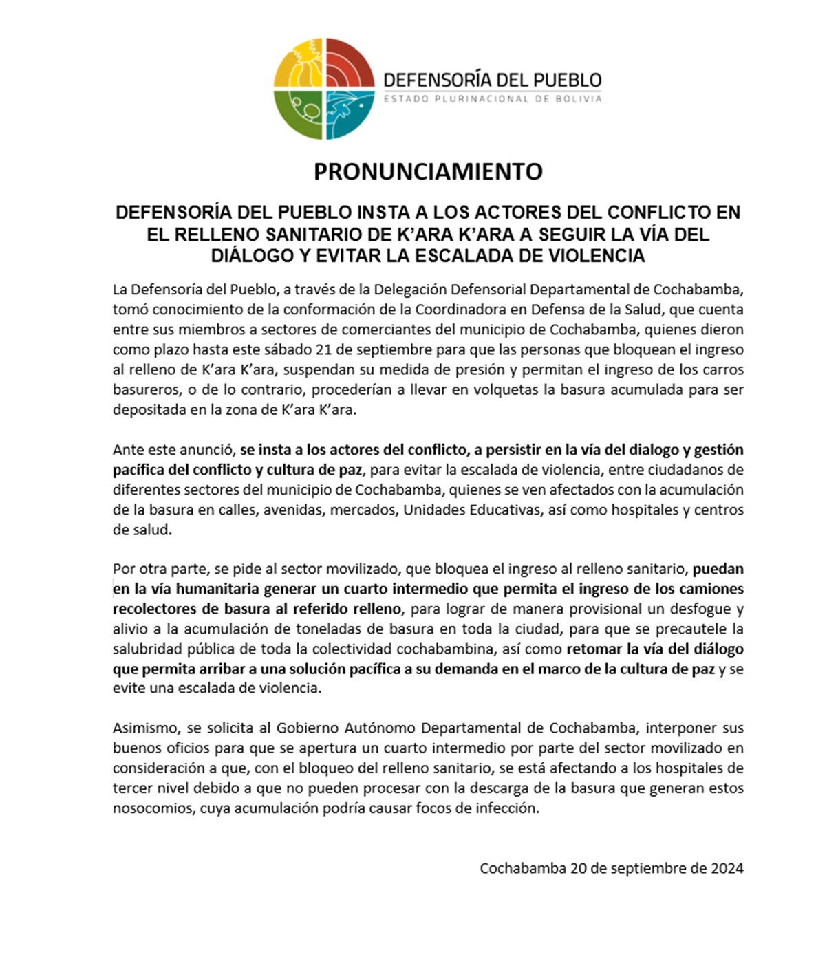 DEFENSORÍA DEL PUEBLO INSTA A LOS ACTORES DEL CONFLICTO EN EL RELLENO SANITARIO DE K’ARA K’ARA A SEGUIR LA VÍA DEL DIÁLOGO Y EVITAR LA ESCALADA DE VIOLENCIA