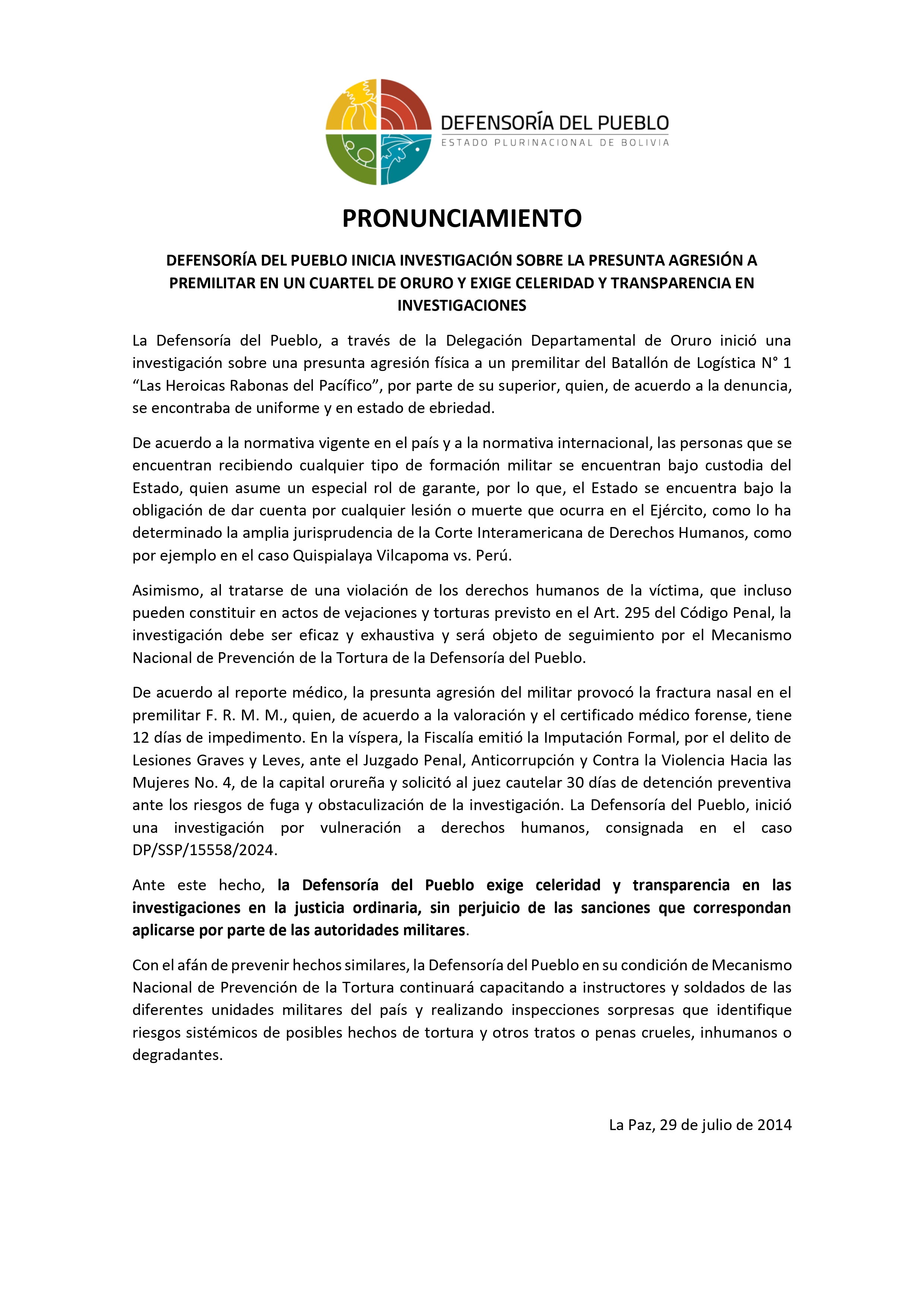 DEFENSORÍA DEL PUEBLO INICIA INVESTIGACIÓN SOBRE LA PRESUNTA AGRESIÓN A PREMILITAR EN UN CUARTEL DE ORURO Y EXIGE CELERIDAD Y TRANSPARENCIA EN INVESTIGACIONES