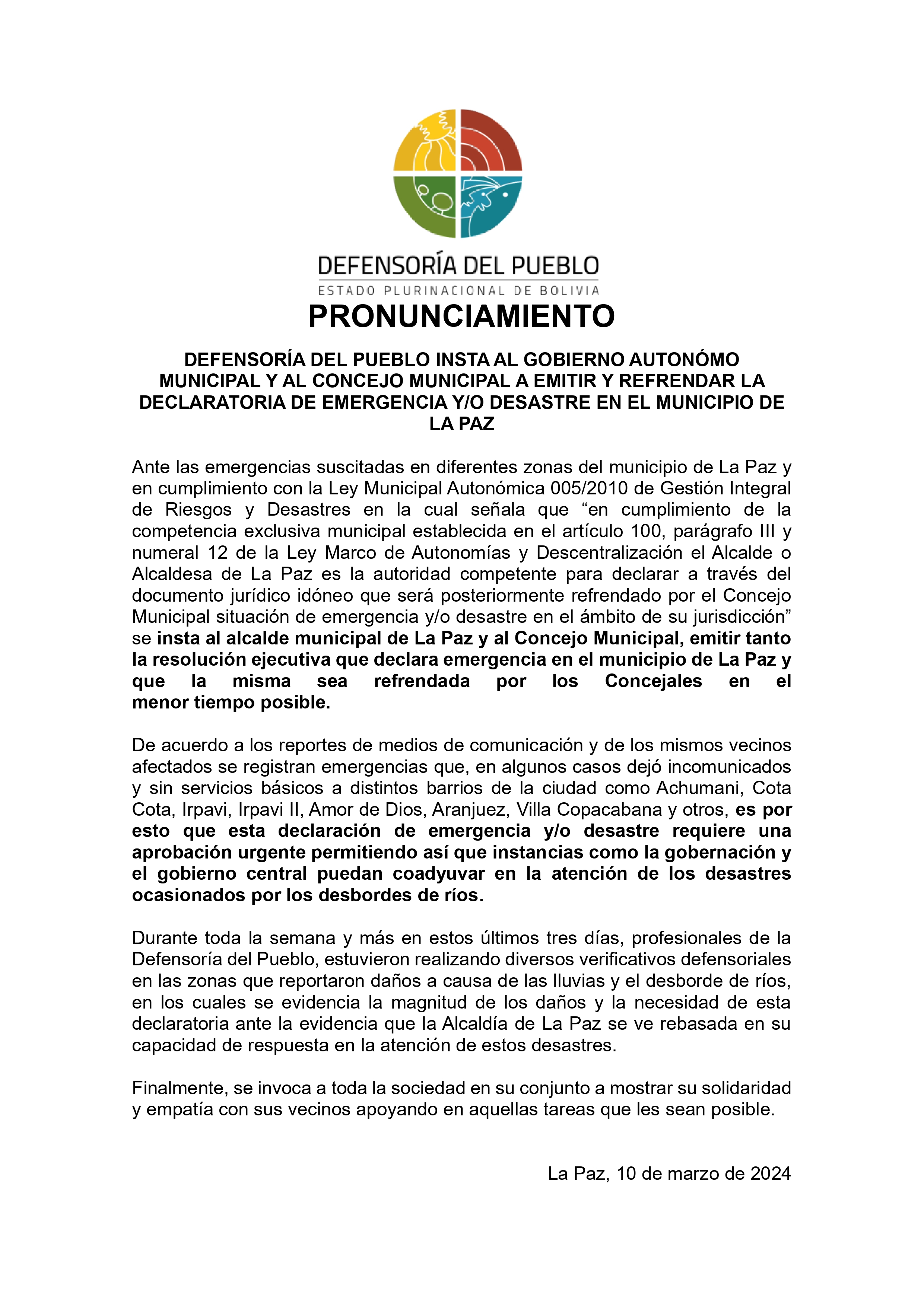 DEFENSORÍA DEL PUEBLO INSTA AL GOBIERNO AUTONÓMO MUNICIPAL Y AL CONCEJO MUNICIPAL A EMITIR Y REFRENDAR LA DECLARATORIA DE EMERGENCIA Y/O DESASTRE EN EL MUNICIPIO DE LA PAZ