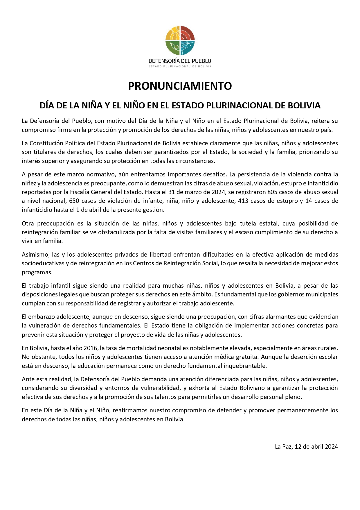 PRONUNCIAMIENTO: DÍA DE LA NIÑA Y EL NIÑO EN EL ESTADO PLURINACIONAL DE BOLIVIA