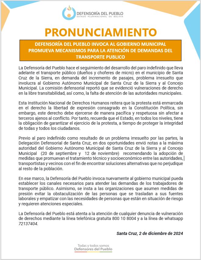 DEFENSORÍA DEL PUEBLO INVOCA AL GOBIERNO MUNICIPAL PROMUEVA MECANISMOS PARA LA ATENCIÓN DE DEMANDAS DEL TRANSPORTE PUBLICO