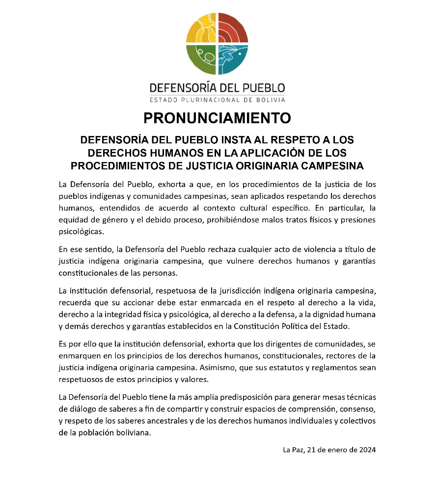 DEFENSORÍA DEL PUEBLO INSTA AL RESPETO A LOS DERECHOS HUMANOS EN LA APLICACIÓN DE LOS PROCEDIMIENTOS DE JUSTICIA ORIGINARIA CAMPESINA