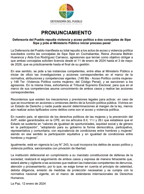 Defensoría del Pueblo repudia violencia y acoso político a dos concejalas de Sipe Sipe y pide al Ministerio Público iniciar proceso penal