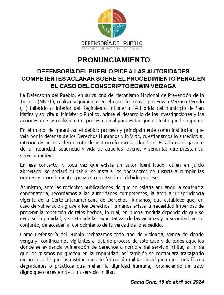 PRONUNCIAMIENTO: DEFENSORÍA DEL PUEBLO PIDE A LAS AUTORIDADES COMPETENTES ACLARAR SOBRE EL PROCEDIMIENTO PENAL EN EL CASO DEL CONSCRIPTO EDWIN VEIZAGA