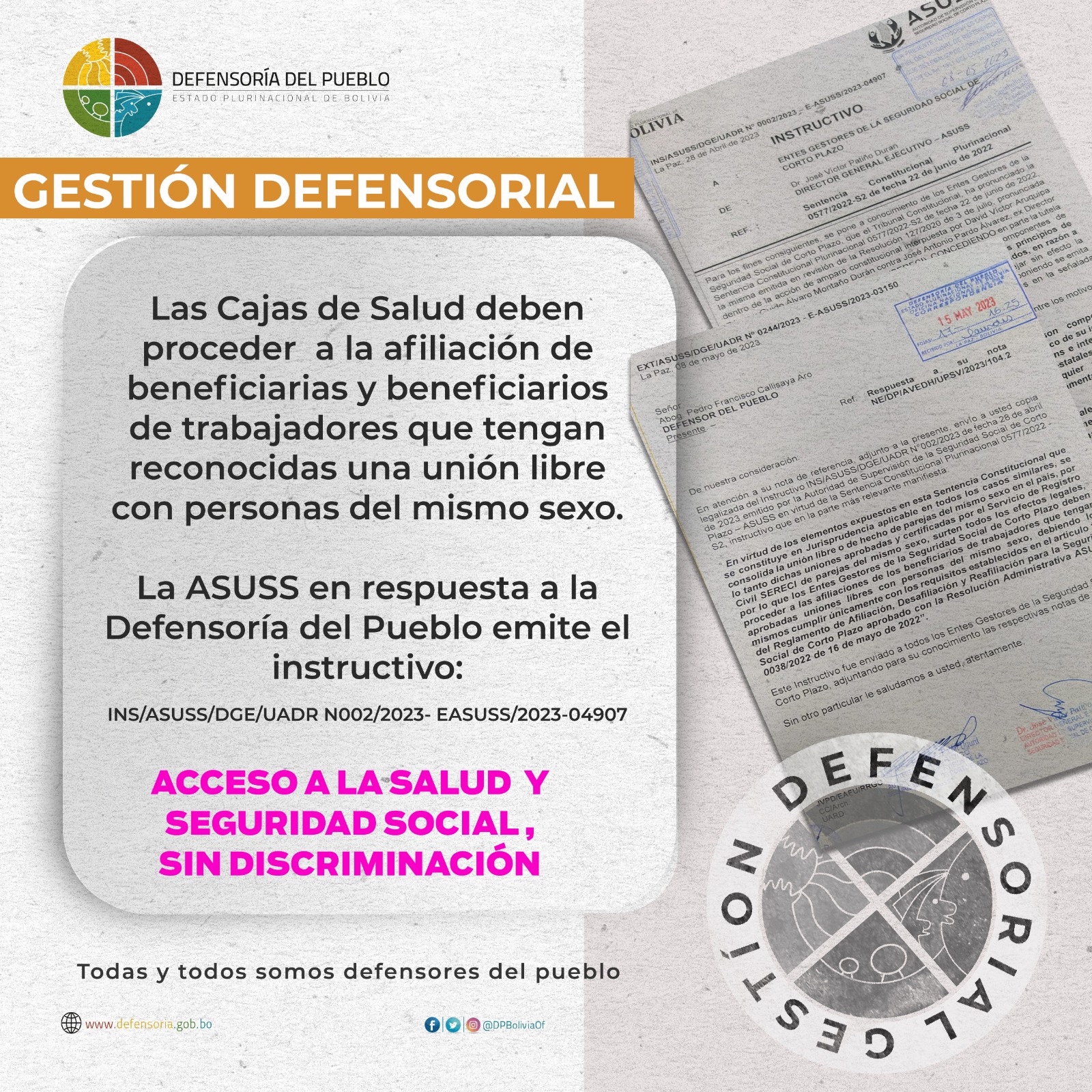 Gestiones del Defensor del Pueblo ante la ASUSS, cajas de salud afiliarán a beneficiarios de uniones libres de parejas del mismo sexo a la seguridad social