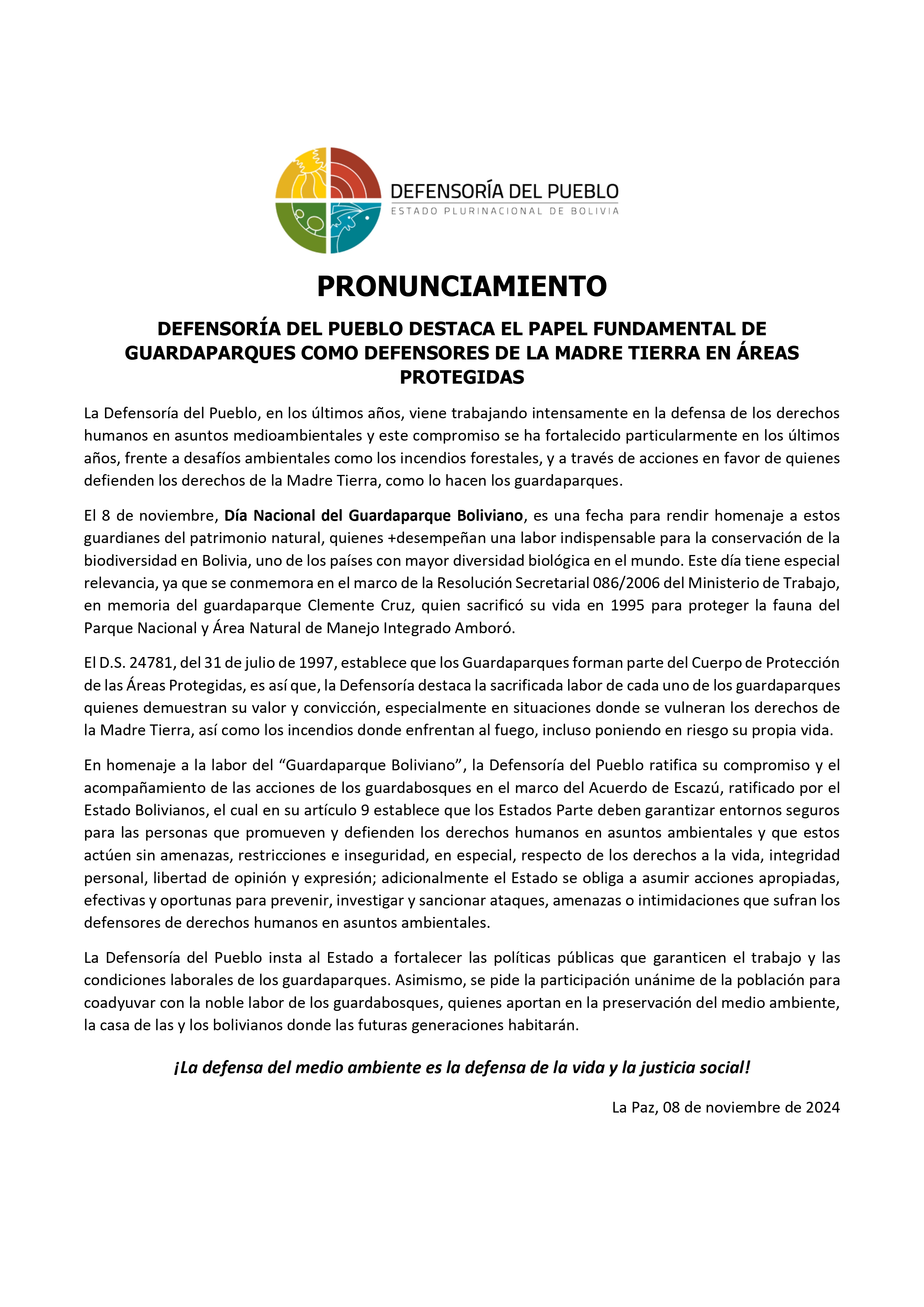 DEFENSORÍA DEL PUEBLO DESTACA EL PAPEL FUNDAMENTAL DE GUARDAPARQUES COMO DEFENSORES DE LA MADRE TIERRA EN ÁREAS PROTEGIDAS