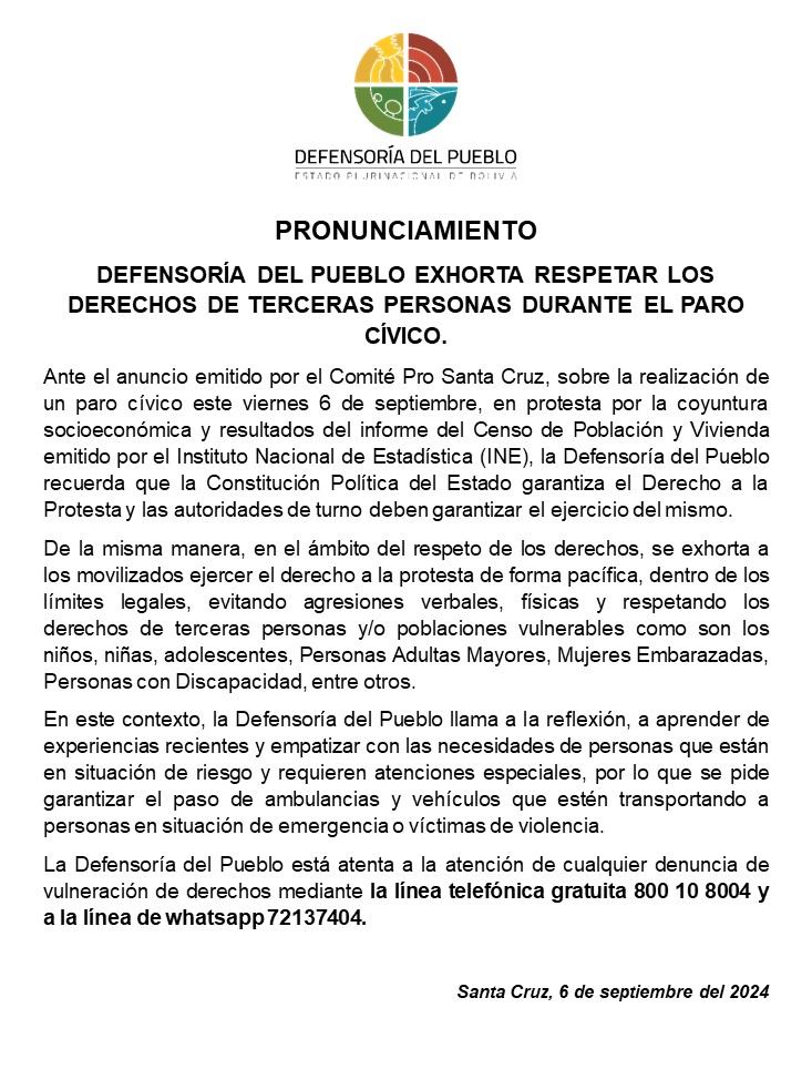 DEFENSORÍA DEL PUEBLO EXHORTA RESPETAR LOS DERECHOS DE TERCERAS PERSONAS DURANTE EL PARO CÍVICO.