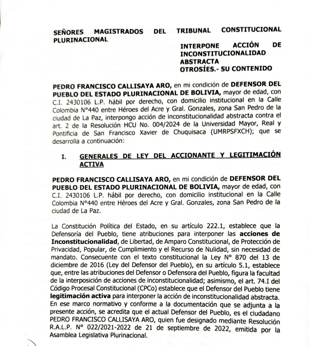 Chuquisaca, Acción de Inconstitucionalidad Abstracta presentada por la Defensoría del Pueblo busca dejar sin efecto la Resolución universitaria que obliga a estudiantes a censarse en Sucre