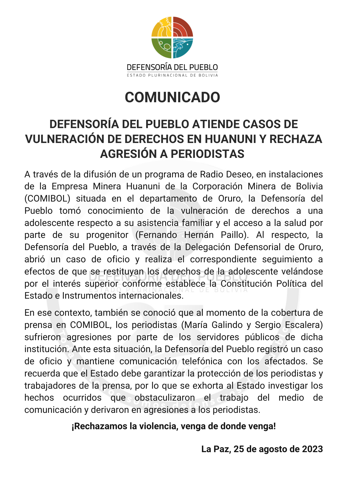 DEFENSORÍA DEL PUEBLO ATIENDE CASOS DE VULNERACIÓN DE DERECHOS EN HUANUNI Y RECHAZA AGRESIÓN A PERIODISTAS