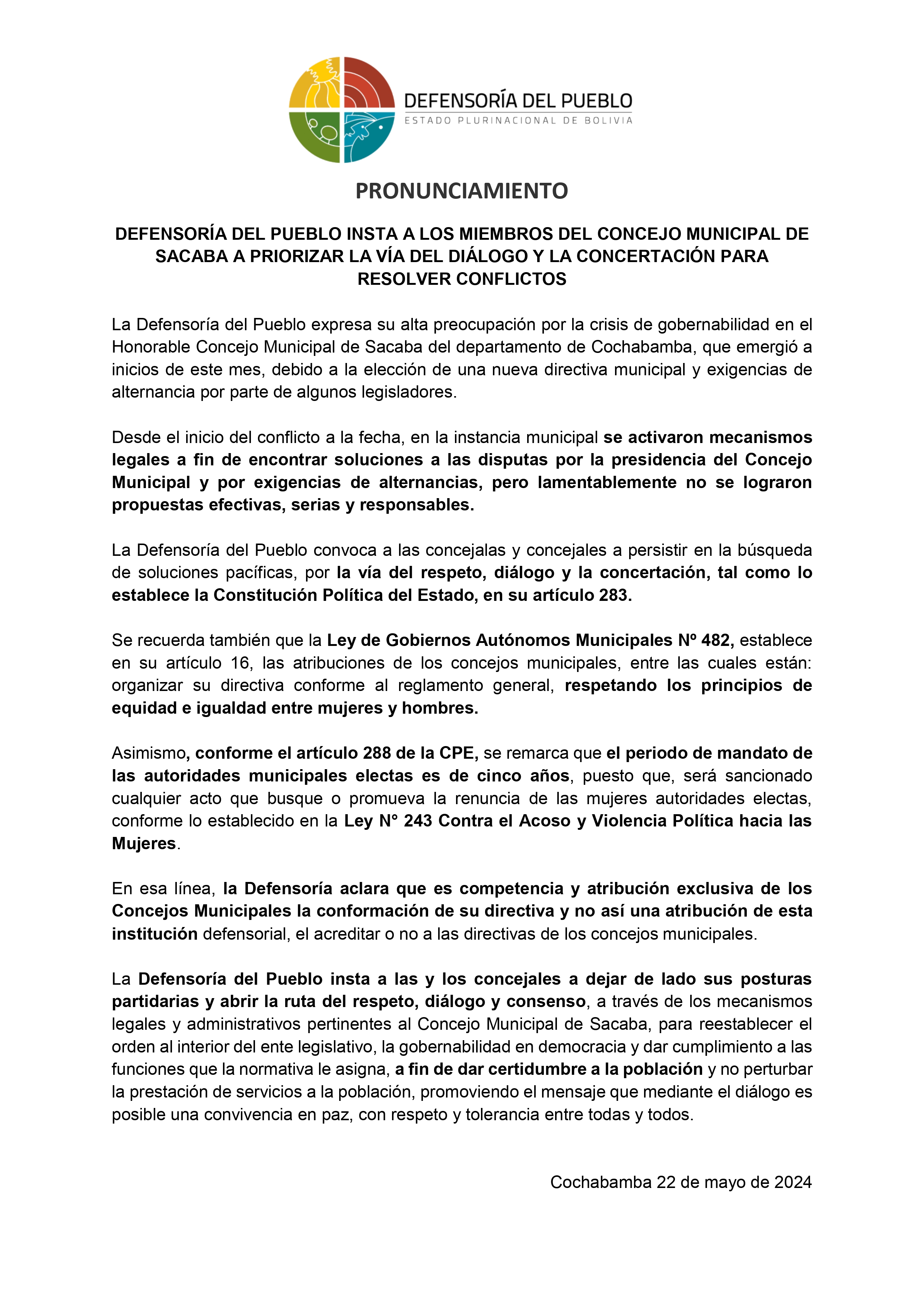 PRONUNCIAMIENTO: DEFENSORÍA DEL PUEBLO INSTA A LOS MIEMBROS DEL CONCEJO MUNICIPAL DE SACABA A PRIORIZAR LA VÍA DEL DIÁLOGO Y LA CONCERTACIÓN PARA RESOLVER CONFLICTOS