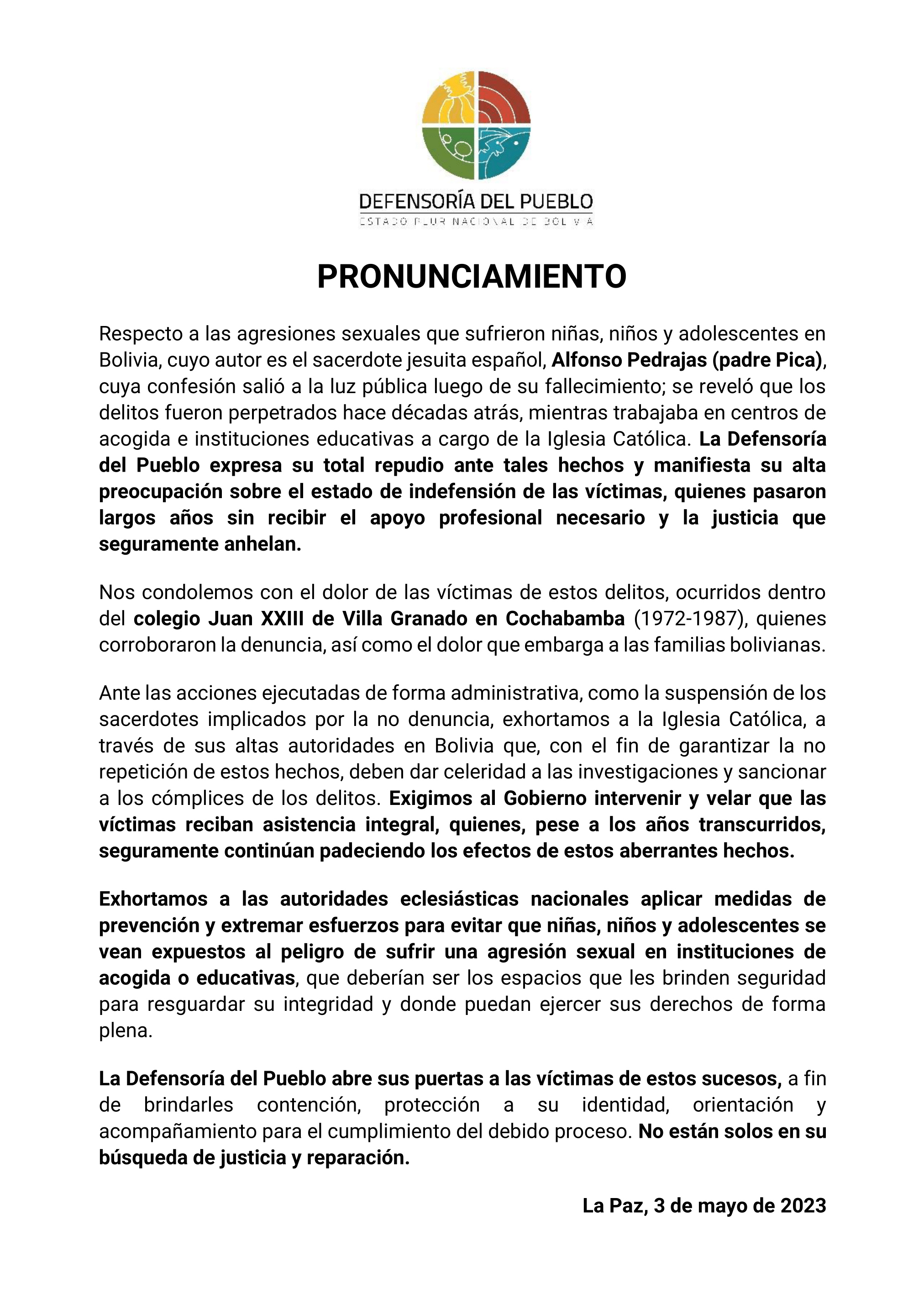 Pronunciamiento de la Defensoría del Pueblo ante las agresiones sexuales que sufrieron niñas, niños y adolescentes en Bolivia por parte del sacerdote jesuita español