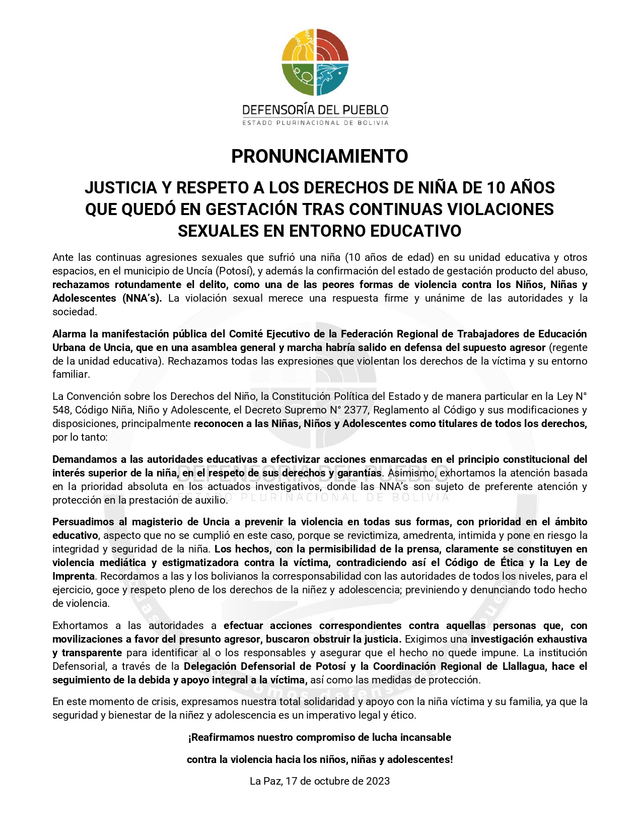 JUSTICIA Y RESPETO A LOS DERECHOS DE NIÑA DE 10 AÑOS QUE QUEDÓ EN GESTACIÓN TRAS CONTINUAS VIOLACIONES SEXUALES EN ENTORNO EDUCATIVO