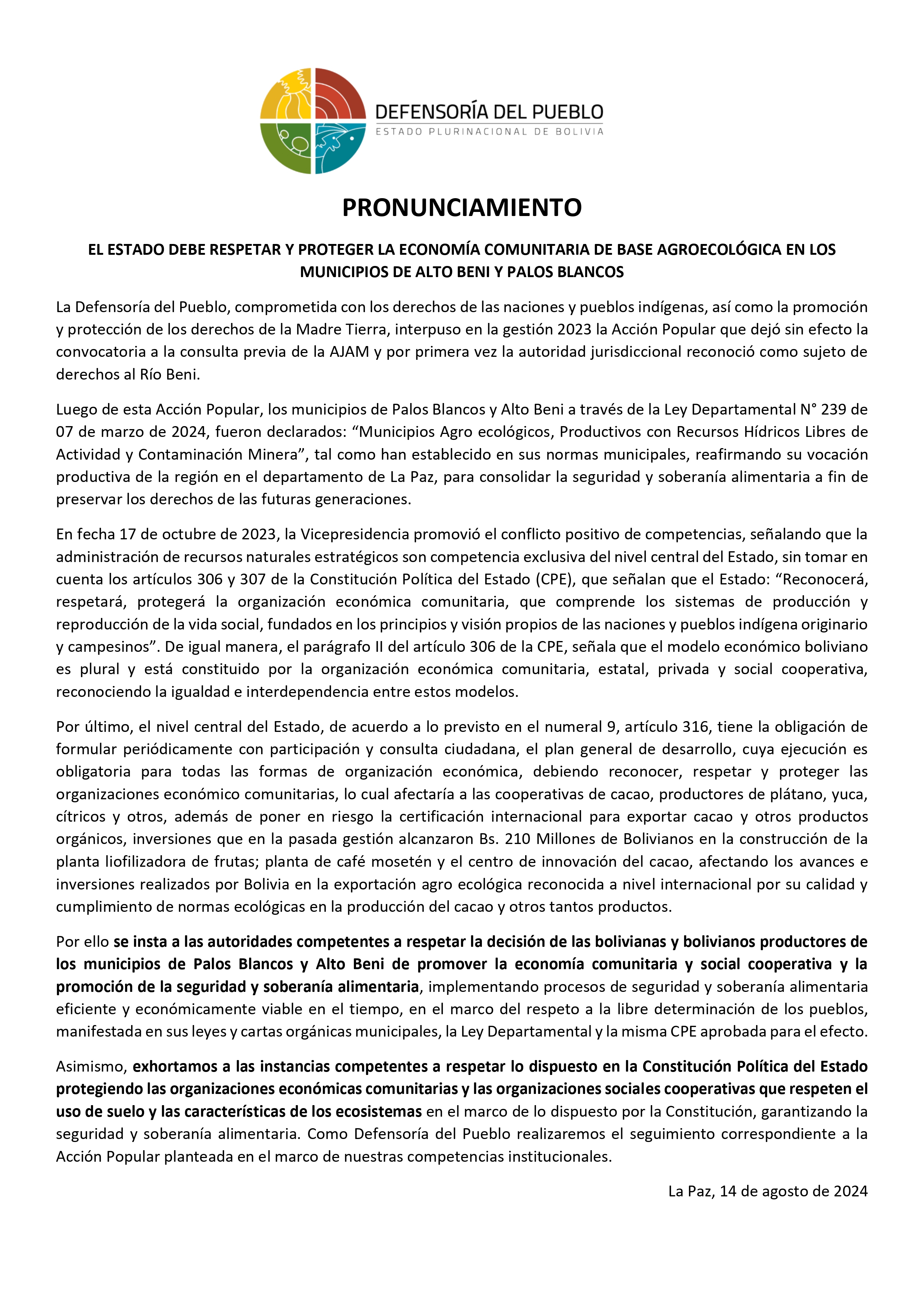 EL ESTADO DEBE RESPETAR Y PROTEGER LA ECONOMÍA COMUNITARIA DE BASE AGROECOLÓGICA EN LOS MUNICIPIOS DE ALTO BENI Y PALOS BLANCOS