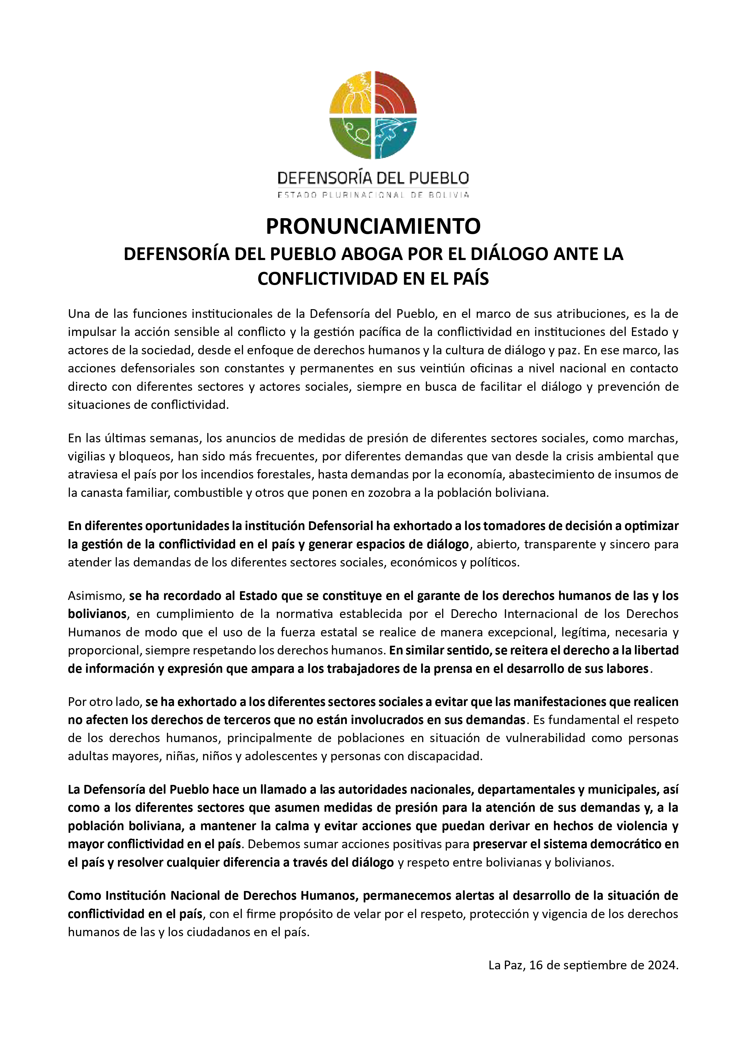 DEFENSORÍA DEL PUEBLO ABOGA POR EL DIÁLOGO ANTE LA CONFLICTIVIDAD EN EL PAÍS