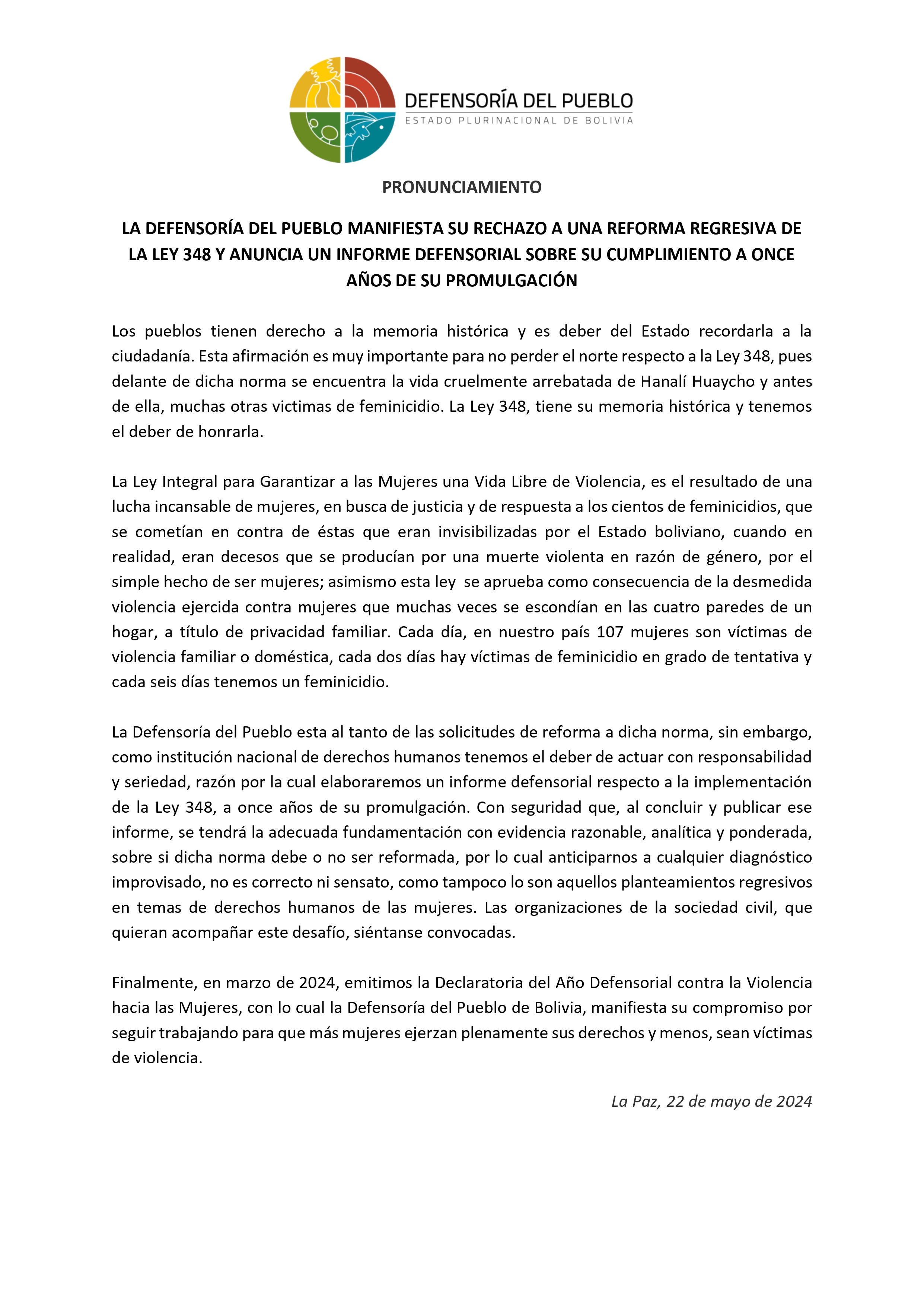 LA DEFENSORÍA DEL PUEBLO MANIFIESTA SU RECHAZO A UNA REFORMA REGRESIVA DE LA LEY 348 Y ANUNCIA UN INFORME DEFENSORIAL SOBRE SU CUMPLIMIENTO A ONCE AÑOS DE SU PROMULGACIÓN