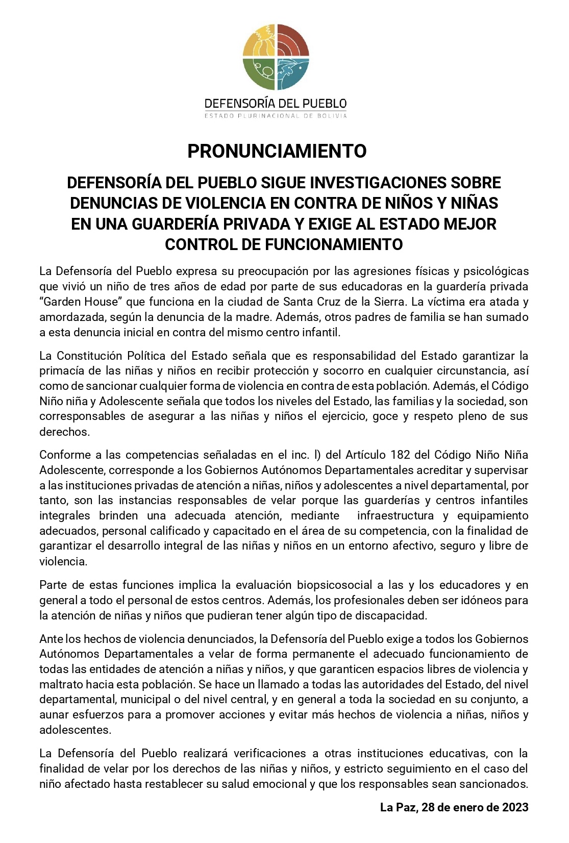 DEFENSORÍA DEL PUEBLO SIGUE INVESTIGACIONES SOBRE DENUNCIAS DE VIOLENCIA EN CONTRA DE NIÑOS Y NIÑAS EN UNA GUARDERÍA PRIVADA Y EXIGE AL ESTADO MEJOR CONTROL DE FUNCIONAMIENTO