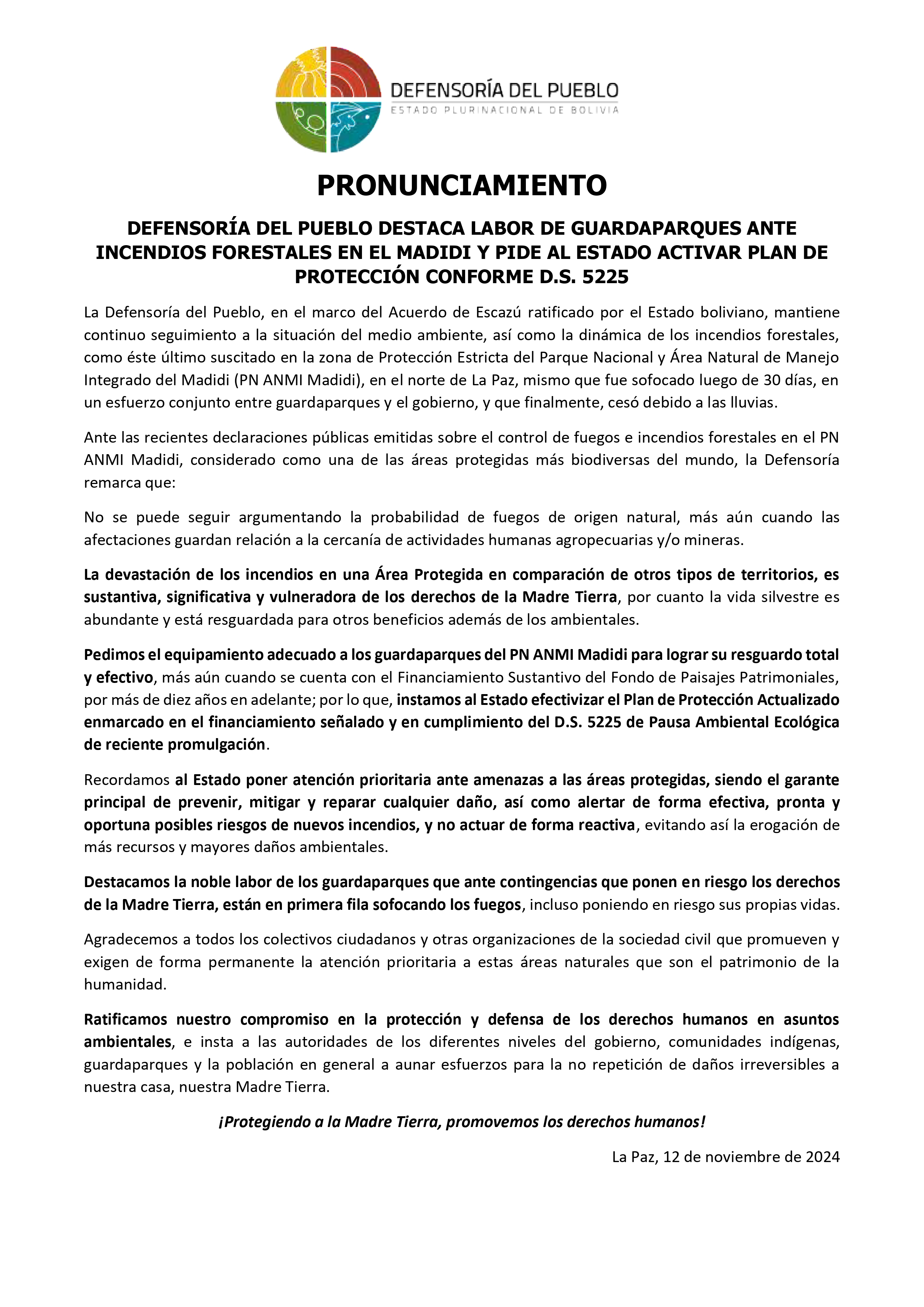 DEFENSORÍA DEL PUEBLO DESTACA LABOR DE GUARDAPARQUES ANTE INCENDIOS FORESTALES EN EL MADIDI Y PIDE AL ESTADO ACTIVAR PLAN DE PROTECCIÓN CONFORME D.S. 5225