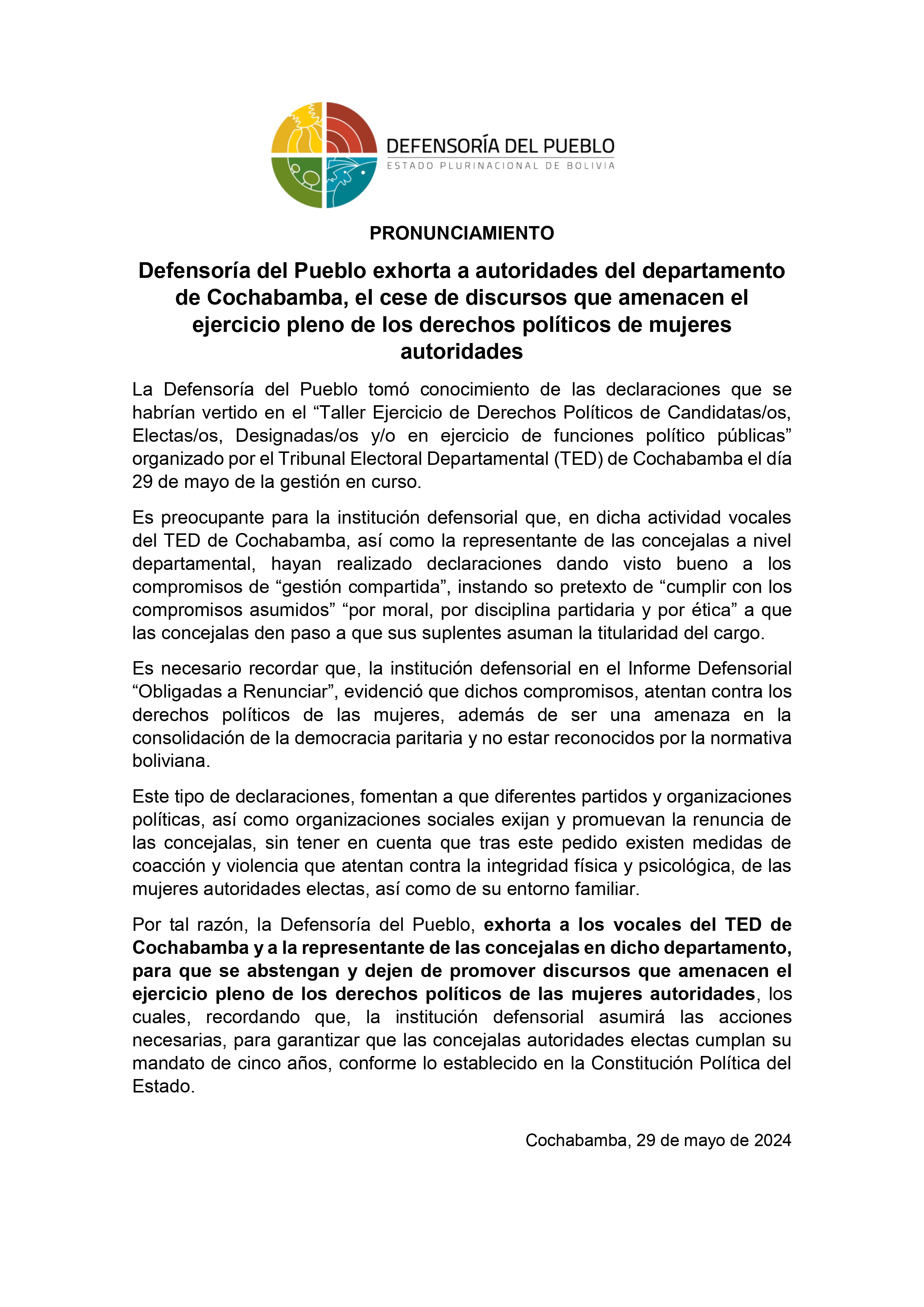 Defensoría del Pueblo exhorta a autoridades del departamento de Cochabamba, el cese de discursos que amenacen el ejercicio pleno de los derechos políticos de mujeres autoridades