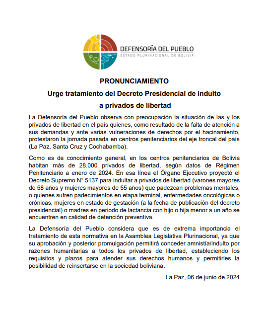 Urge tratamiento del Decreto Presidencial de indulto  a privados de libertad