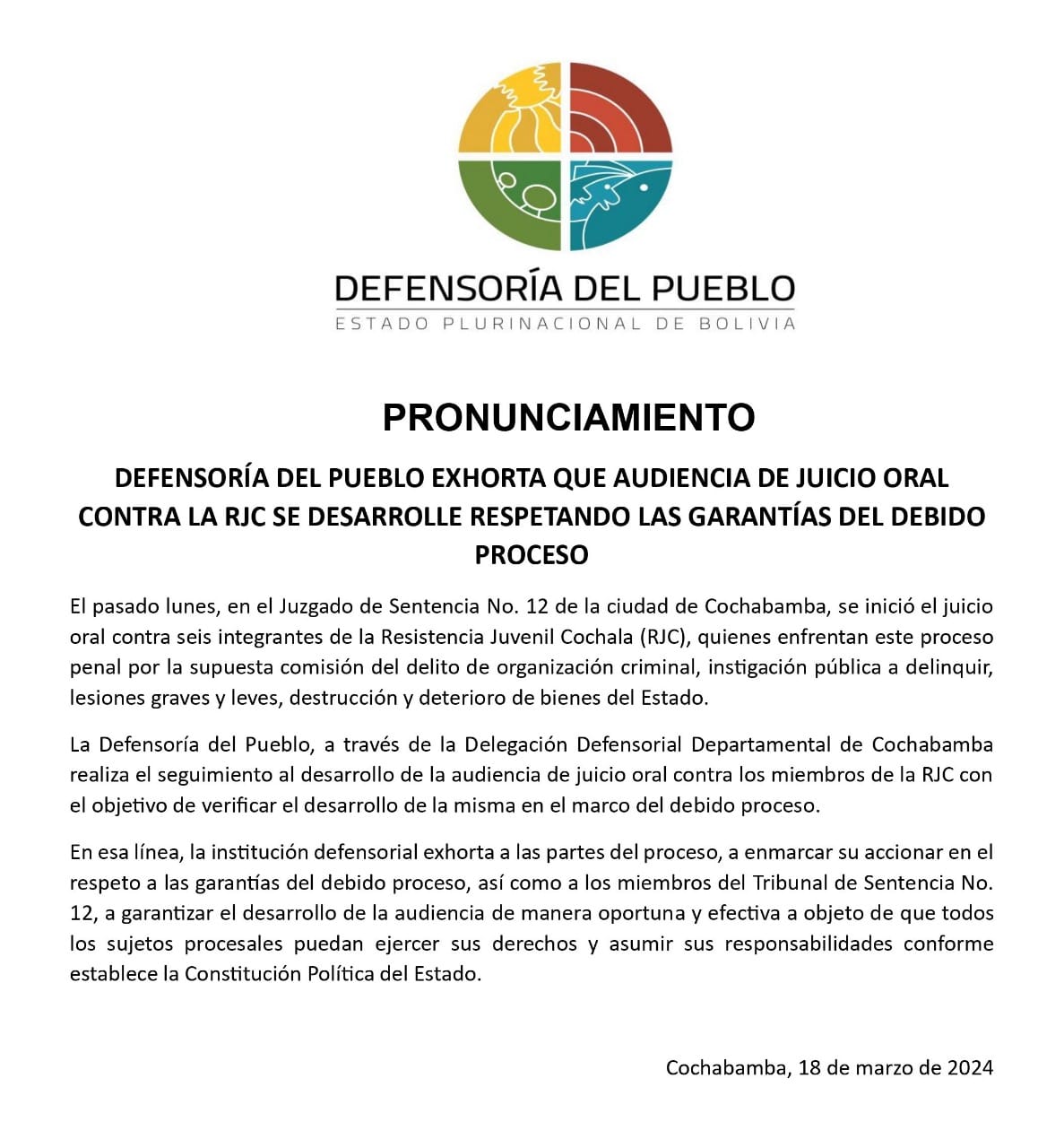 DEFENSORÍA DEL PUEBLO EXHORTA QUE AUDIENCIA DE JUICIO ORAL CONTRA LA RJC SE DESARROLLE RESPETANDO LAS GARANTÍAS DEL DEBIDO PROCESO