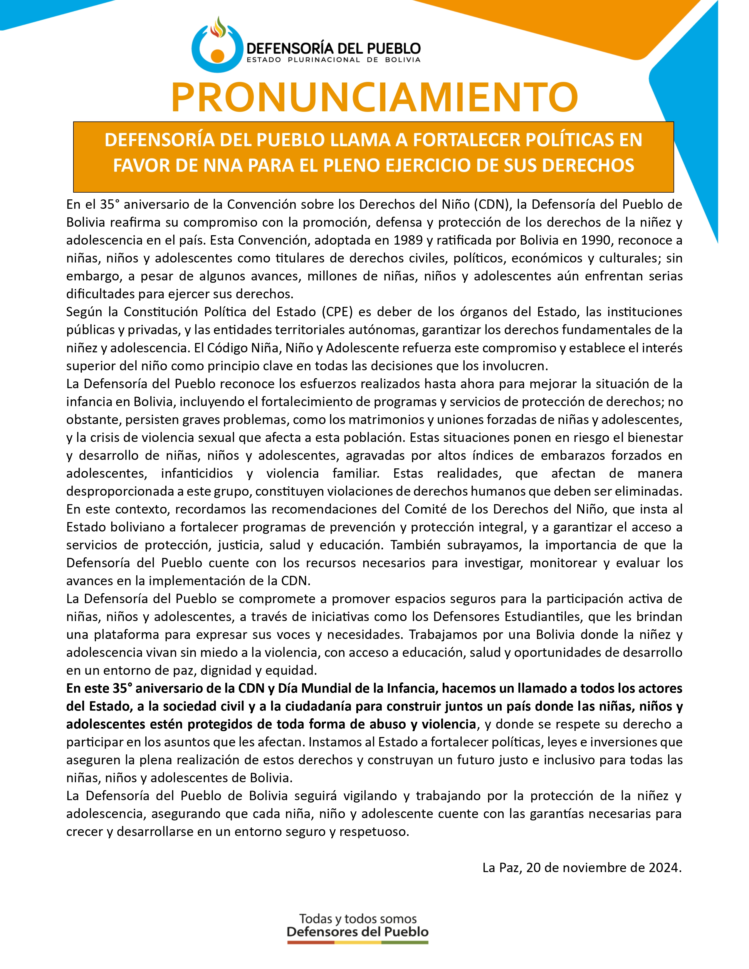 DEFENSORÍA DEL PUEBLO LLAMA A FORTALECER POLÍTICAS EN FAVOR DE NNA PARA EL PLENO EJERCICIO DE SUS DERECHOS