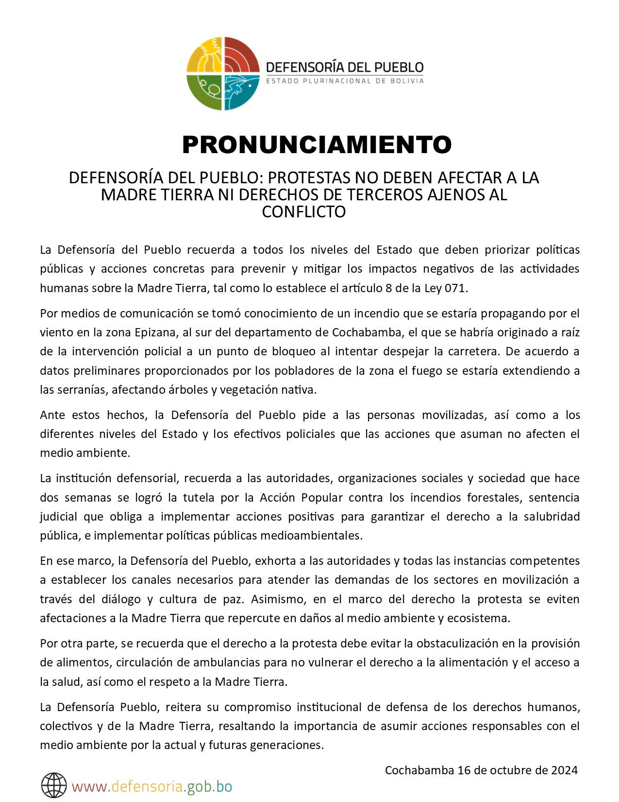 DEFENSORÍA DEL PUEBLO: PROTESTAS NO DEBEN AFECTAR A LA MADRE TIERRA NI DERECHOS DE TERCEROS AJENOS AL CONFLICTO