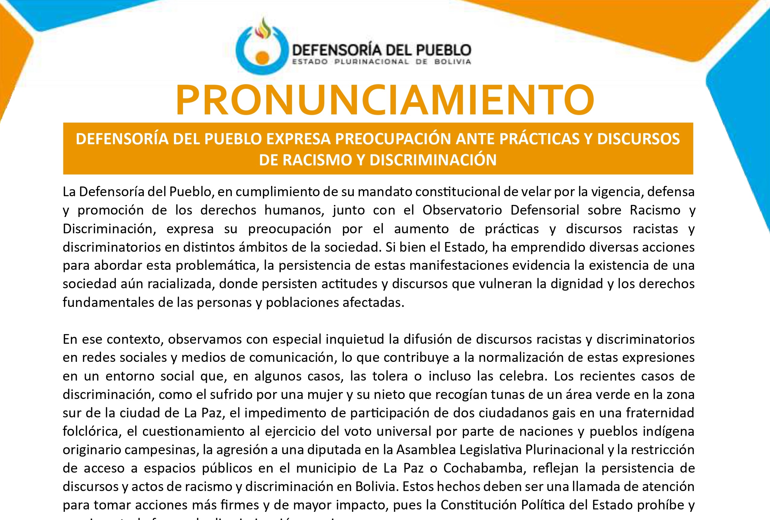 DEFENSORÍA DEL PUEBLO EXPRESA PREOCUPACIÓN ANTE PRÁCTICAS Y DISCURSOS DE RACISMO Y DISCRIMINACIÓN