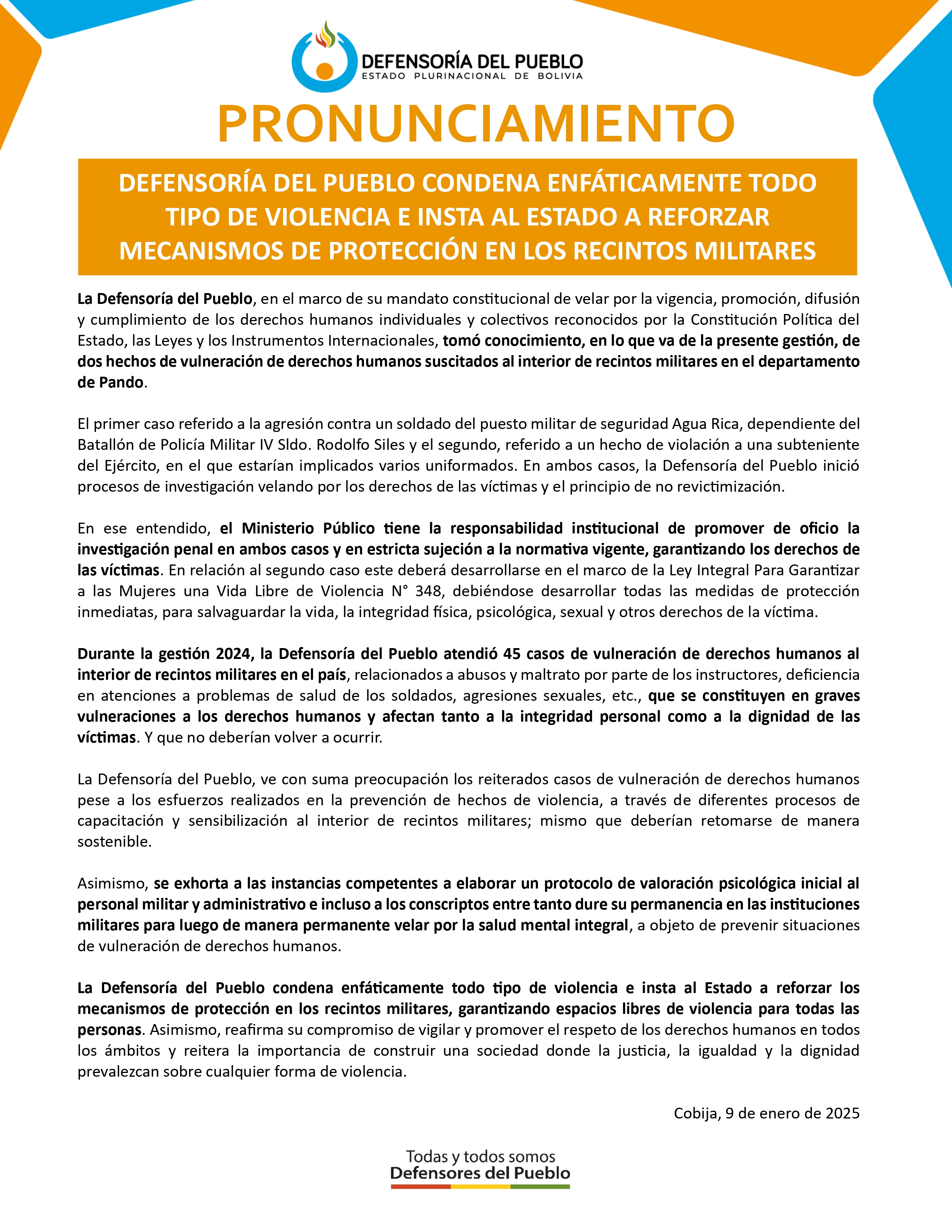 DEFENSORÍA DEL PUEBLO CONDENA ENFÁTICAMENTE TODO TIPO DE VIOLENCIA E INSTA AL ESTADO A REFORZAR MECANISMOS DE PROTECCIÓN EN LOS RECINTOS MILITARES