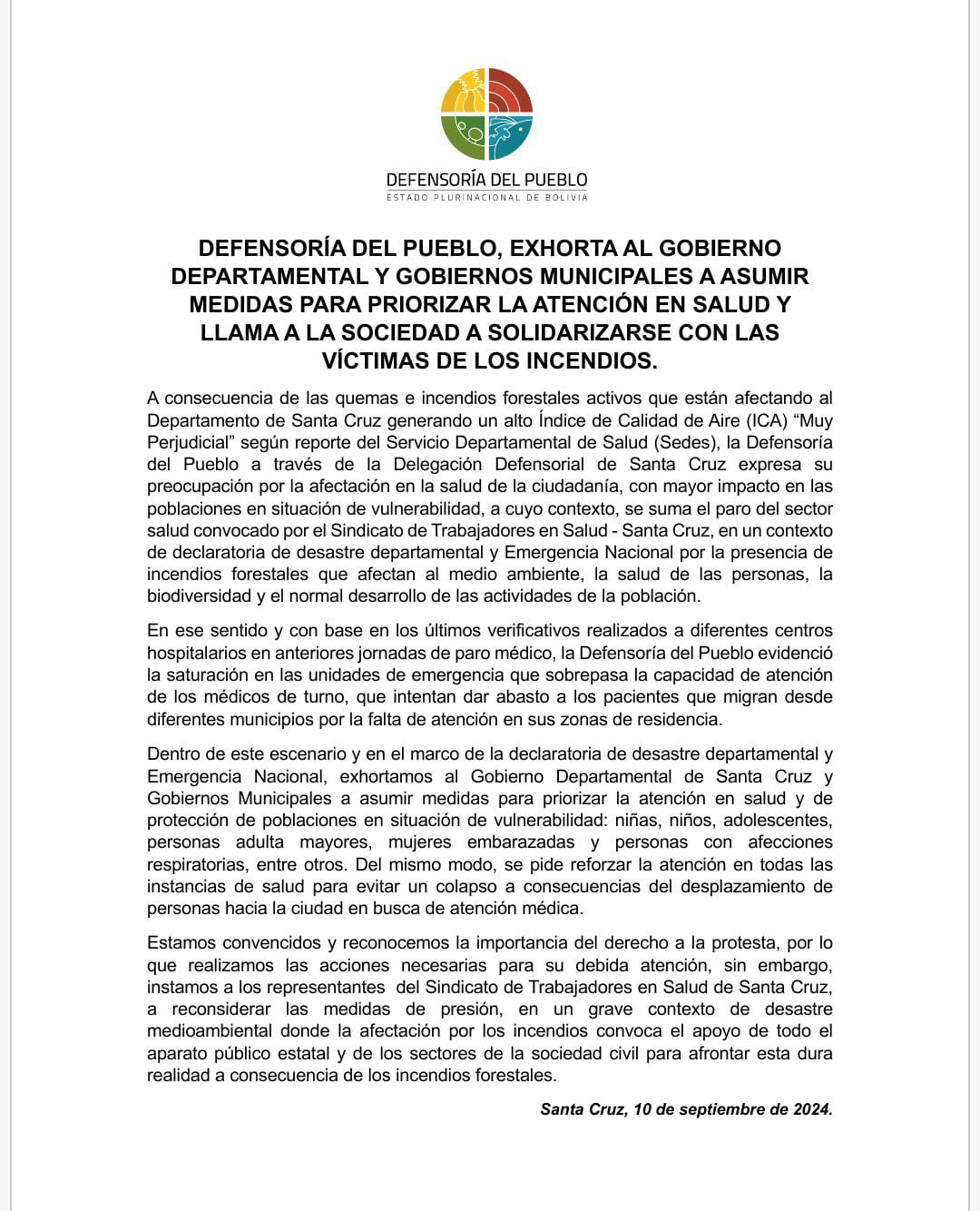 DEFENSORÍA DEL PUEBLO, EXHORTA AL GOBIERNO DEPARTAMENTAL Y GOBIERNOS MUNICIPALES A ASUMIR MEDIDAS PARA PRIORIZAR LA ATENCIÓN EN SALUD Y LLAMA A LA SOCIEDAD A SOLIDARIZARSE CON LAS VÍCTIMAS DE LOS INCENDIOS.