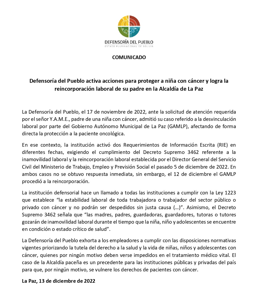 Defensoría del Pueblo activa acciones para proteger a niña con cáncer y posibilita la reincorporación laboral de su padre en la Alcaldía de La Paz