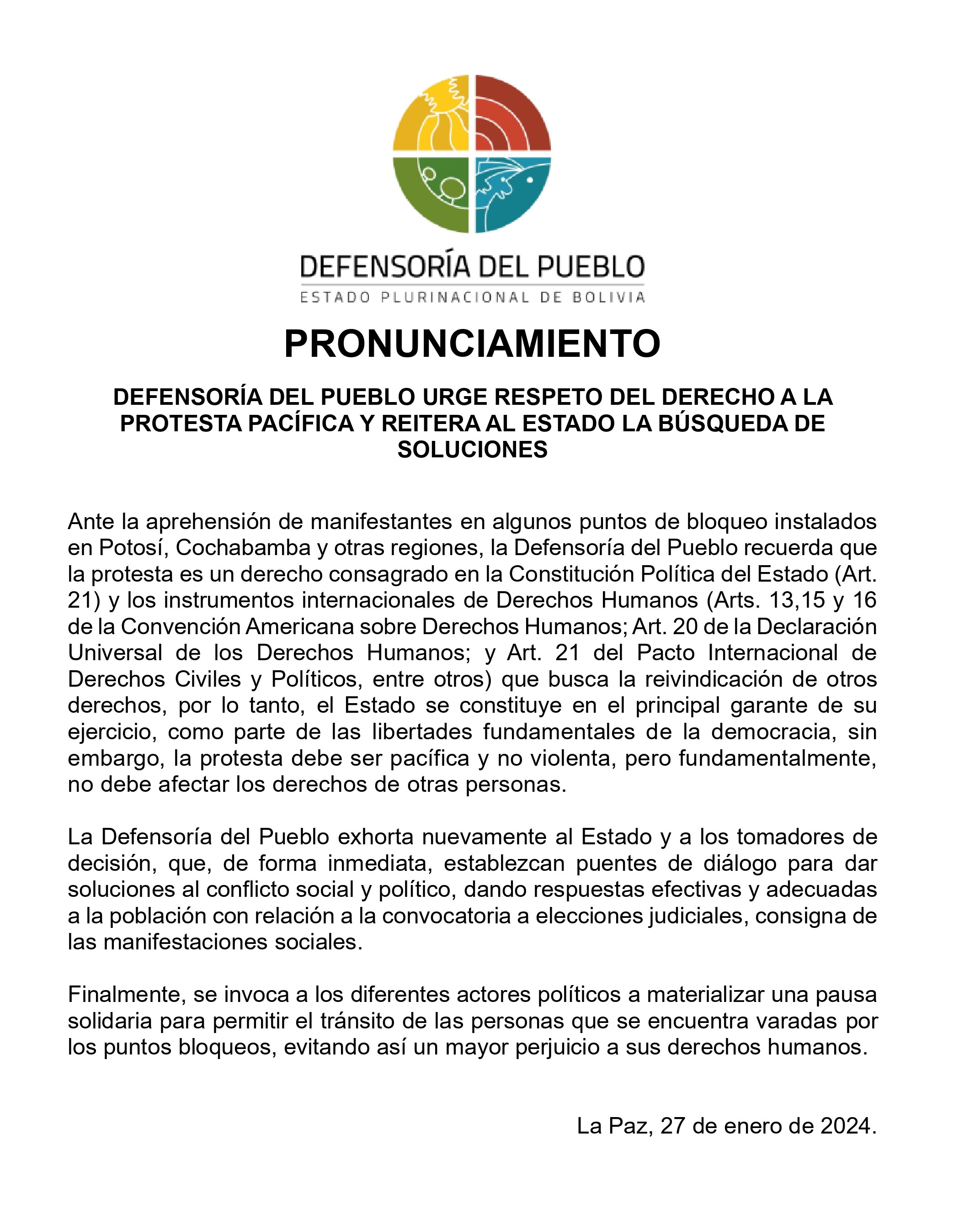 DEFENSORÍA DEL PUEBLO URGE RESPETO DEL DERECHO A LA PROTESTA PACÍFICA Y REITERA AL ESTADO LA BÚSQUEDA DE SOLUCIONES