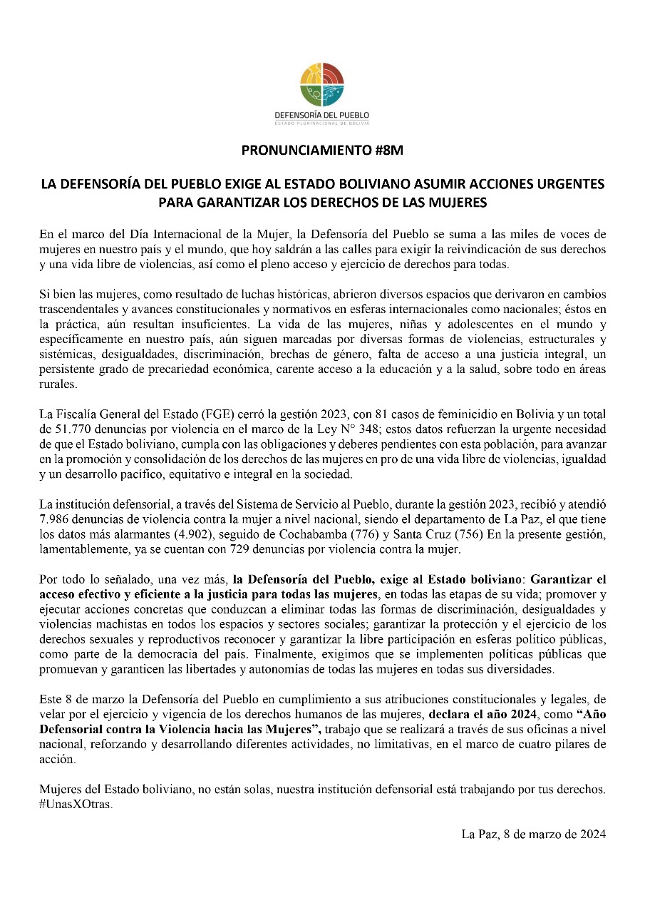 LA DEFENSORÍA DEL PUEBLO EXIGE AL ESTADO BOLIVIANO ASUMIR ACCIONES URGENTES PARA GARANTIZAR LOS DERECHOS DE LAS MUJERES