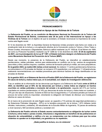 PRONUNCIAMIENTO: Día Internacional en Apoyo de las Víctimas de la Tortura