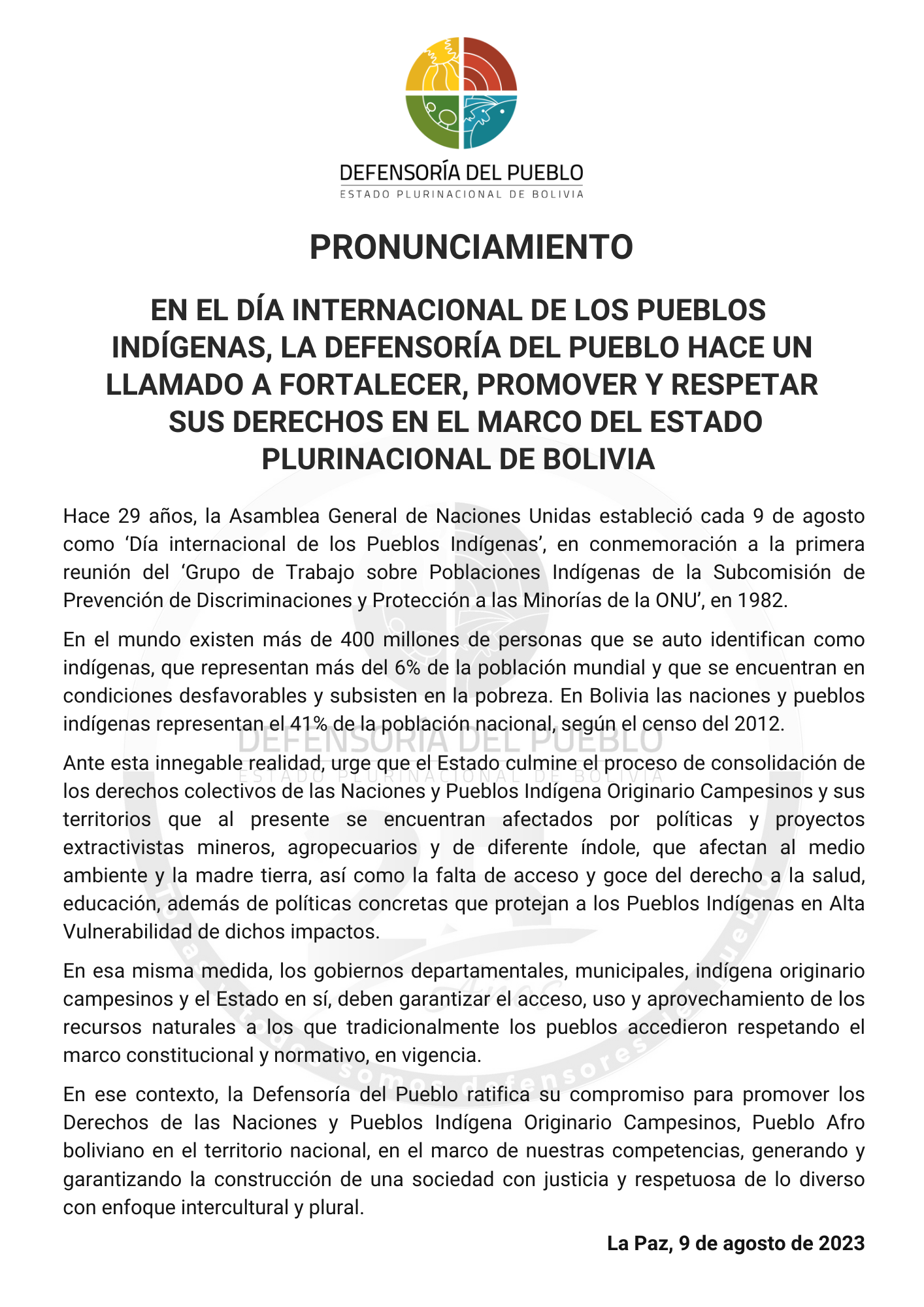 EN EL DÍA INTERNACIONAL DE LOS PUEBLOS INDÍGENAS, LA DEFENSORÍA DEL PUEBLO HACE UN LLAMADO A FORTALECER, PROMOVER Y RESPETAR SUS DERECHOS EN EL MARCO DEL ESTADO PLURINACIONAL DE BOLIVIA