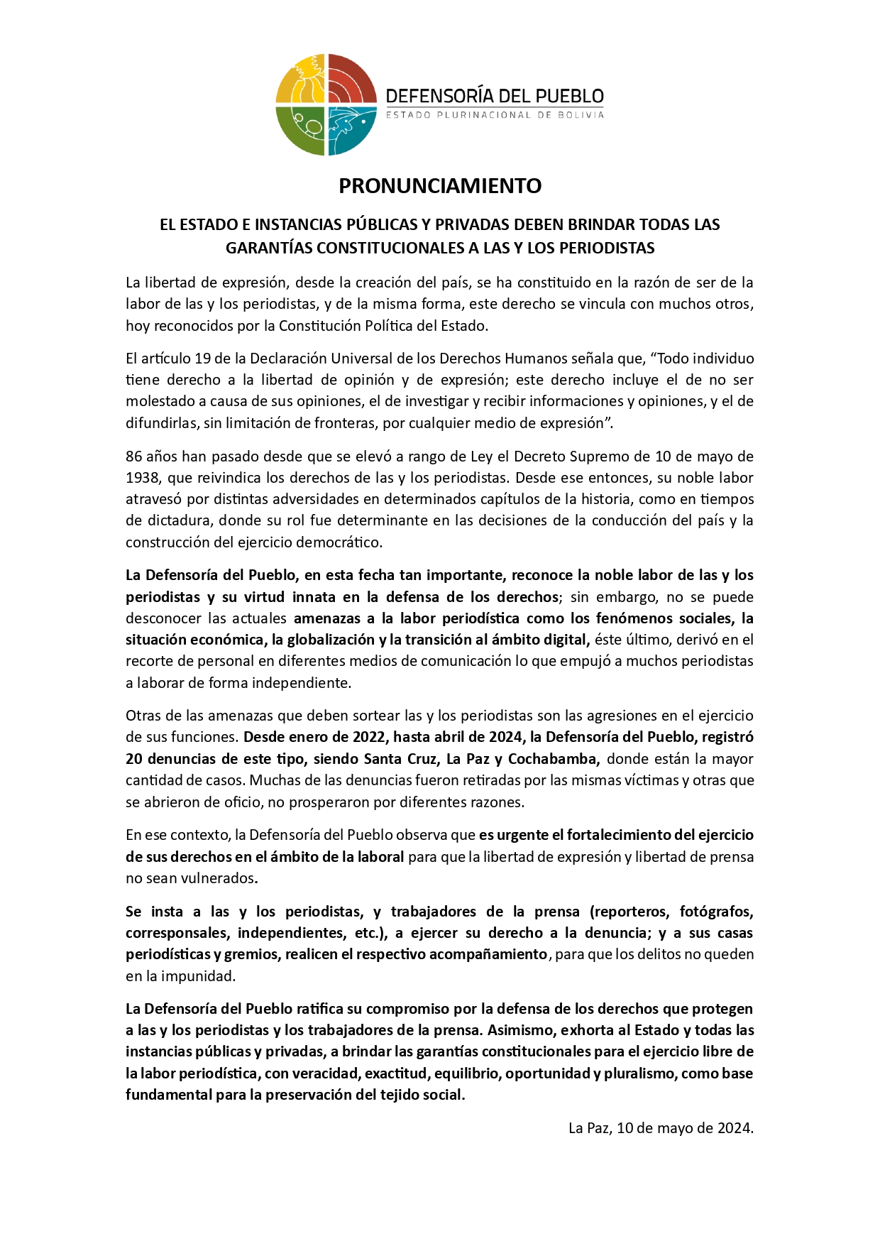 EL ESTADO E INSTANCIAS PÚBLICAS Y PRIVADAS DEBEN BRINDAR TODAS LAS GARANTÍAS CONSTITUCIONALES A LAS Y LOS PERIODISTAS