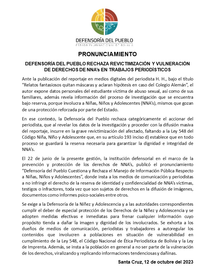 DEFENSORÍA DEL PUEBLO RECHAZA REVICTIMIZACIÓN Y VULNERACIÓN DE DERECHOS DE NNA’s EN TRABAJOS PERIODÍSTICOS