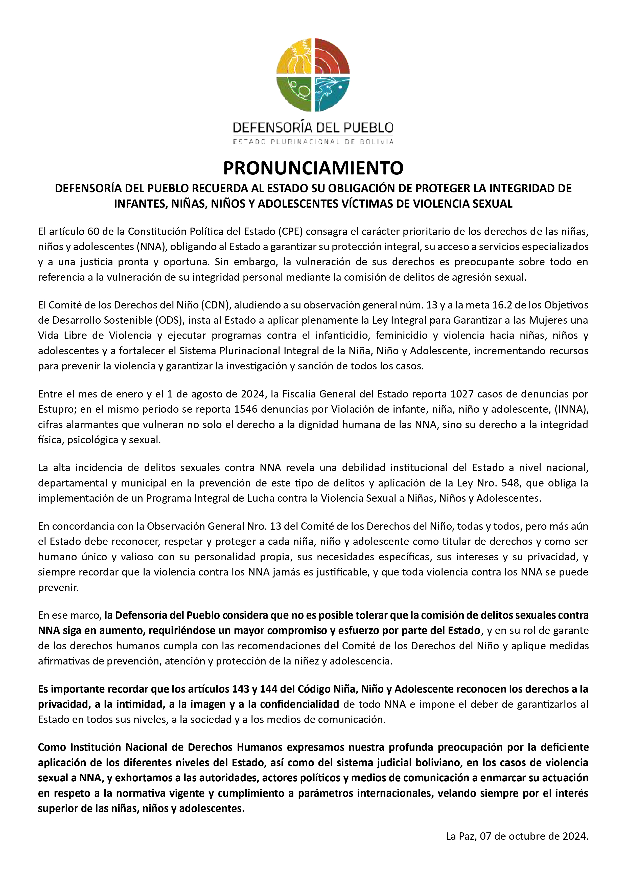 DEFENSORÍA DEL PUEBLO RECUERDA AL ESTADO SU OBLIGACIÓN DE PROTEGER LA INTEGRIDAD DE INFANTES, NIÑAS, NIÑOS Y ADOLESCENTES VÍCTIMAS DE VIOLENCIA SEXUAL