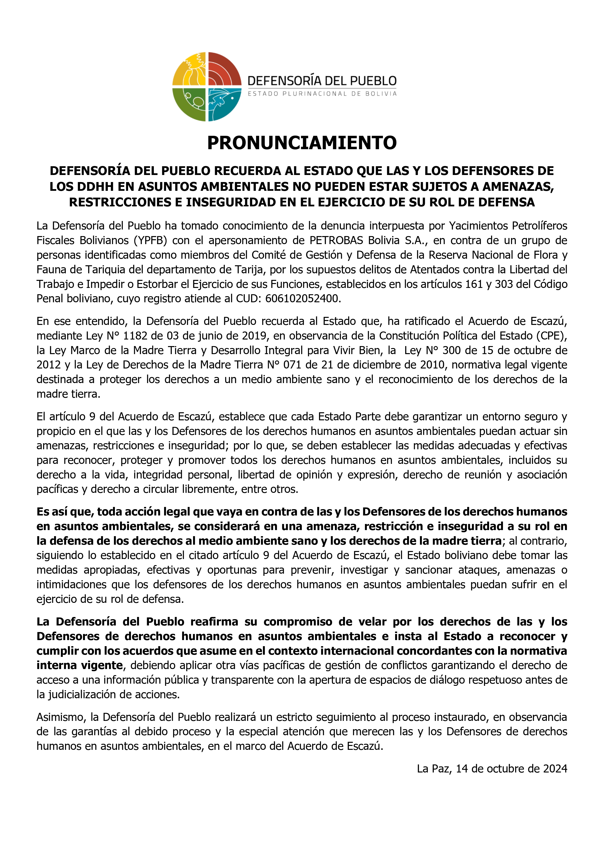 LAS Y LOS DEFENSORES DE LOS DDHH EN ASUNTOS AMBIENTALES NO PUEDEN ESTAR SUJETOS A AMENAZAS, RESTRICCIONES E INSEGURIDAD EN EL EJERCICIO DE SU ROL DE DEFENSA