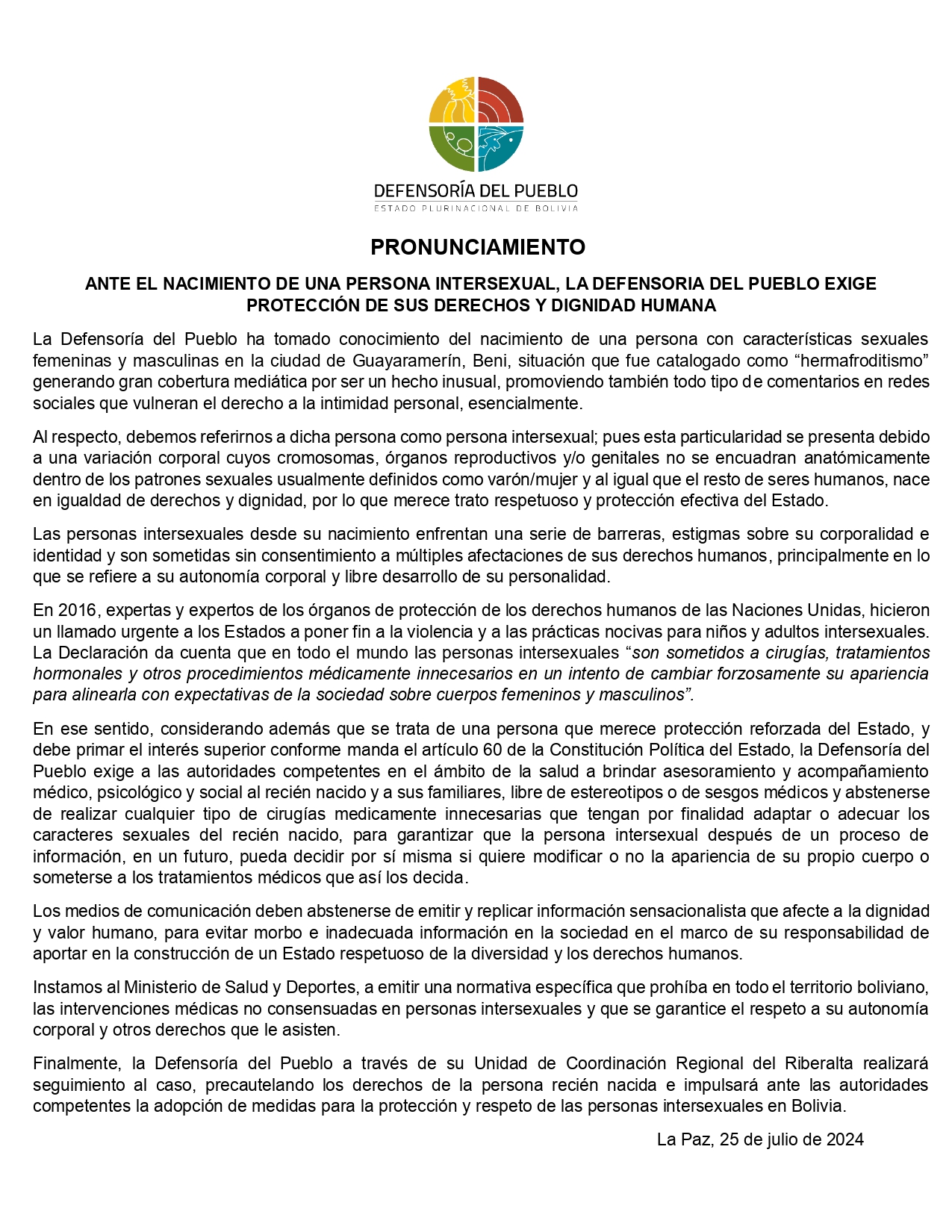 PRONUNCIAMIENTO  ANTE EL NACIMIENTO DE UNA PERSONA INTERSEXUAL, LA DEFENSORÍA DEL PUEBLO EXIGE PROTECCIÓN DE SUS DERECHOS Y DIGNIDAD HUMANA