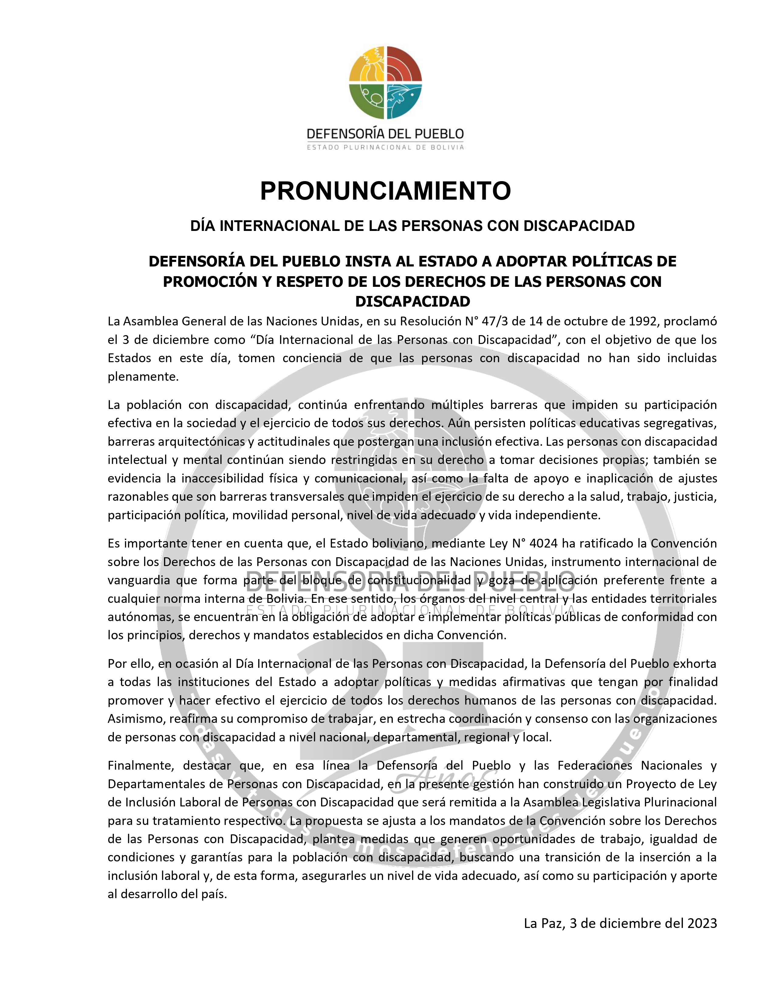 DEFENSORÍA DEL PUEBLO INSTA AL ESTADO A ADOPTAR POLÍTICAS DE PROMOCIÓN Y RESPETO DE LOS DERECHOS DE LAS PERSONAS CON DISCAPACIDAD