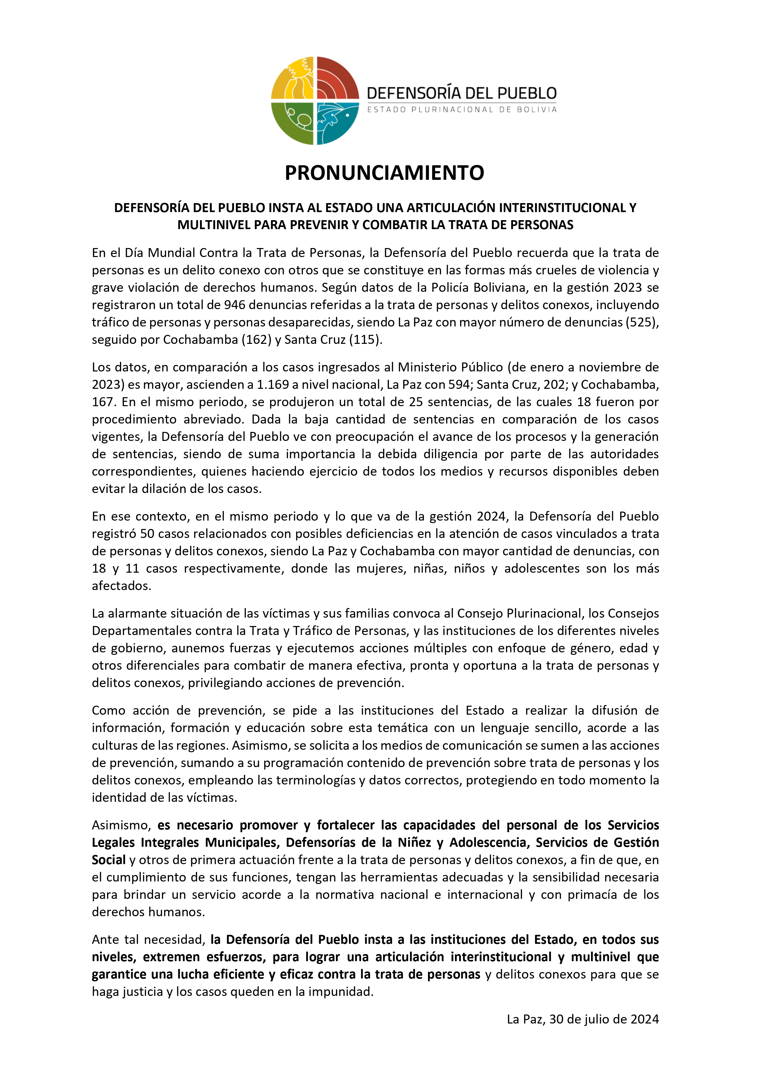 DEFENSORÍA DEL PUEBLO INSTA AL ESTADO UNA ARTICULACIÓN INTERINSTITUCIONAL Y MULTINIVEL PARA PREVENIR Y COMBATIR LA TRATA DE PERSONAS